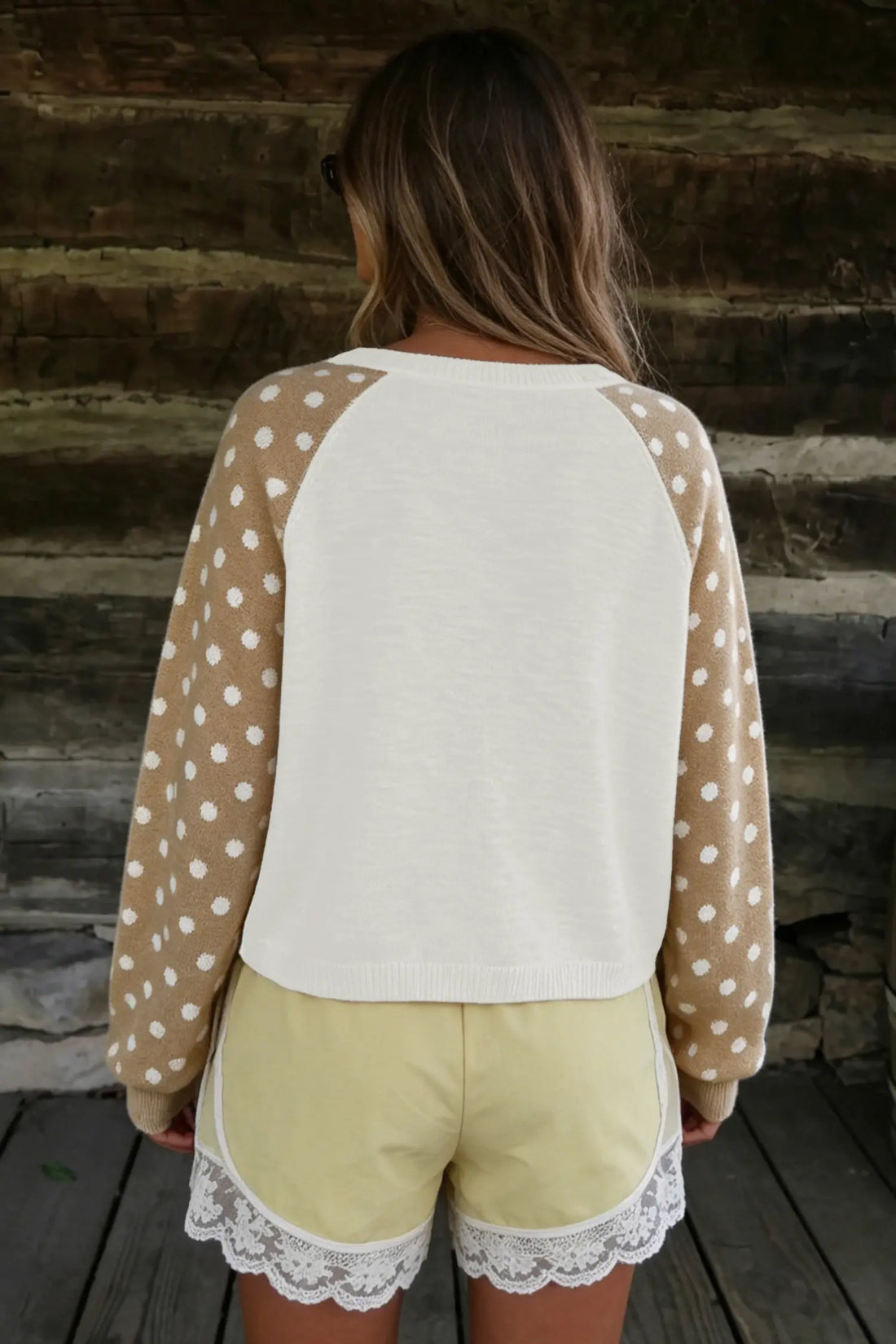 Polka Dot Contrast Long Sleeve Button V Neck Sweater