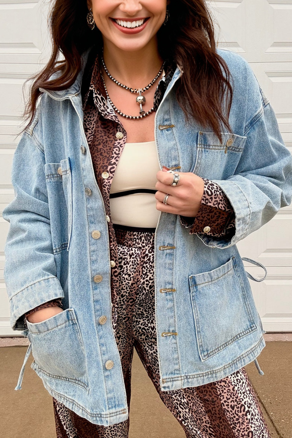 Beau Blue Multi Patched Pockets Side Tie up Boyfriend Style Denim Jacket eAura