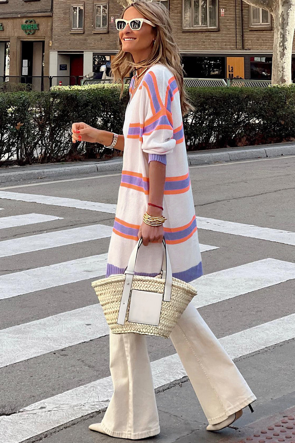 Beige Striped Long Sleeve Ribbed Trim Button Cardigan eAura
