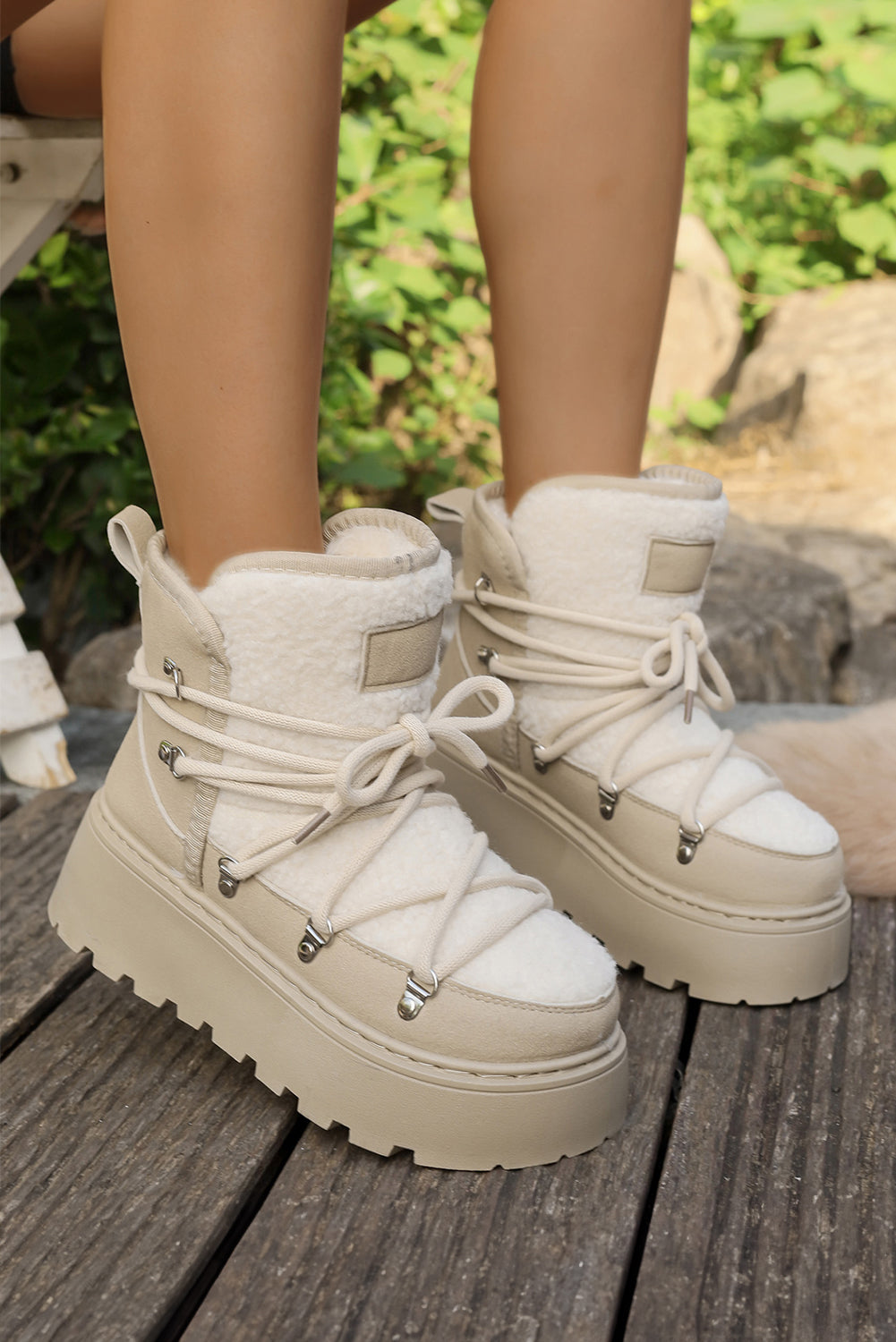 White Sherpa PU Leather Patchwork Lace-up Thick Bottom Snow Boots - eAura