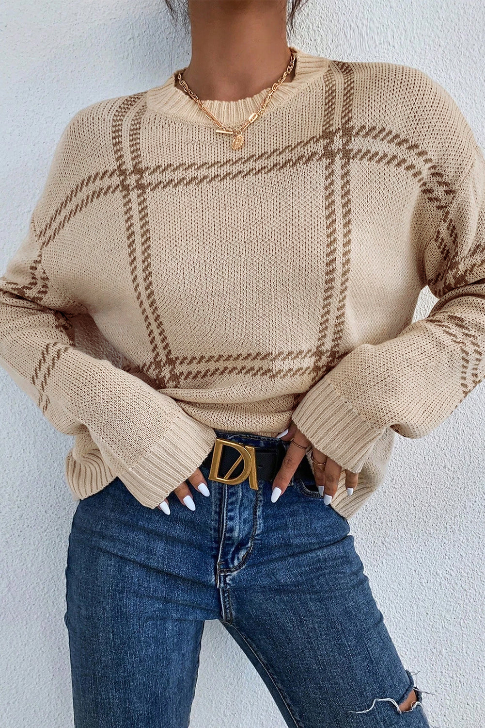 Khaki Plaid Pattern Knitted Drop Shoulder Sweater Beagle Boutique Fashion Outlet