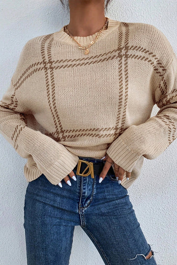 Khaki Plaid Pattern Knitted Drop Shoulder Sweater Beagle Boutique Fashion Outlet