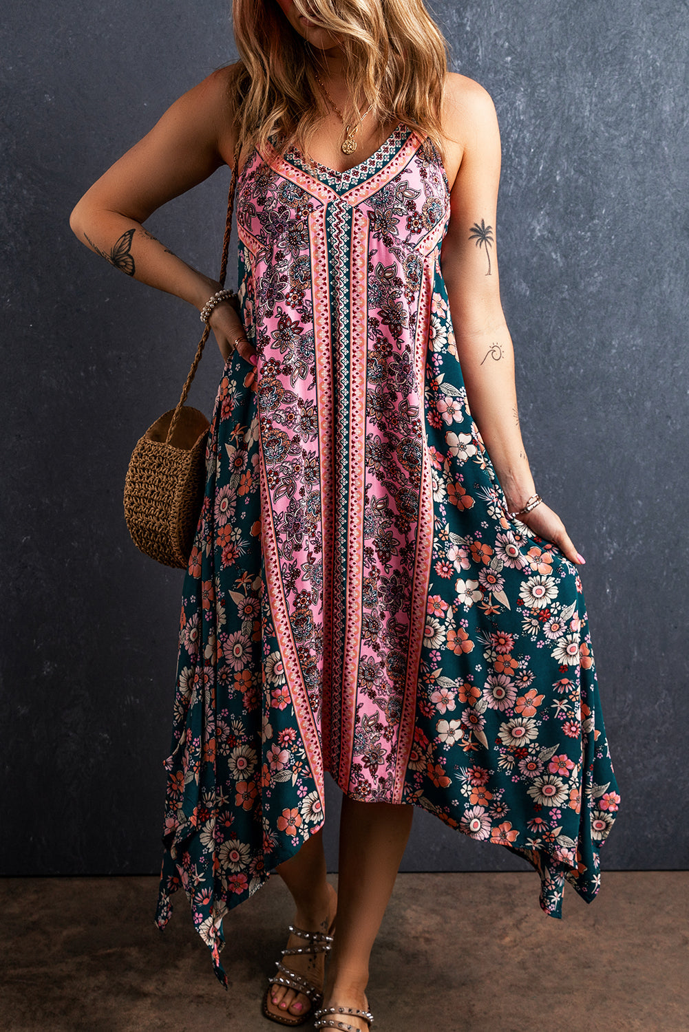 Pink Bohemian Floral Patchwork Print Long Sundress eAura