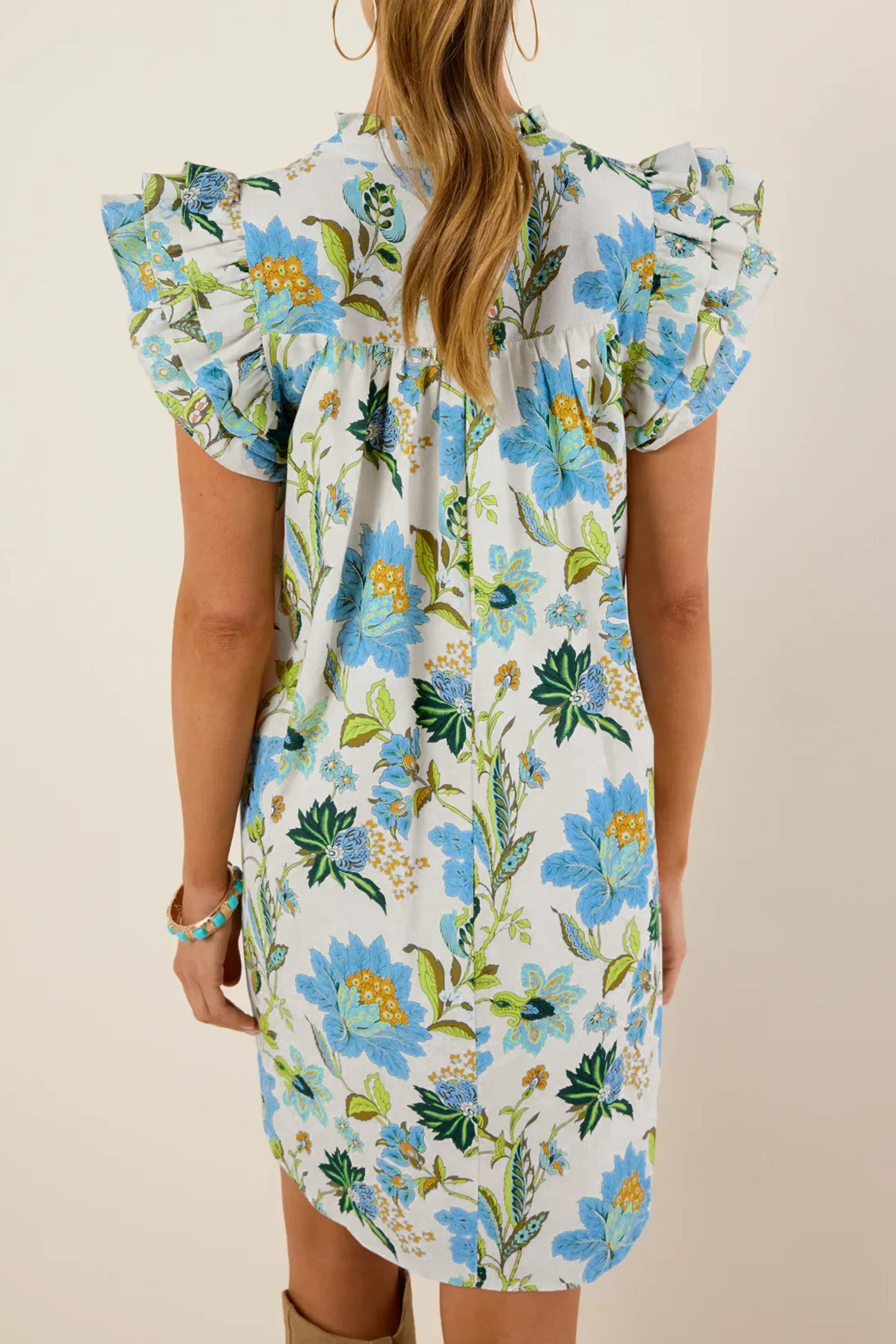 Floral Print V-Neck Triple Ruffle Short Sleeve Shift Mini Dress