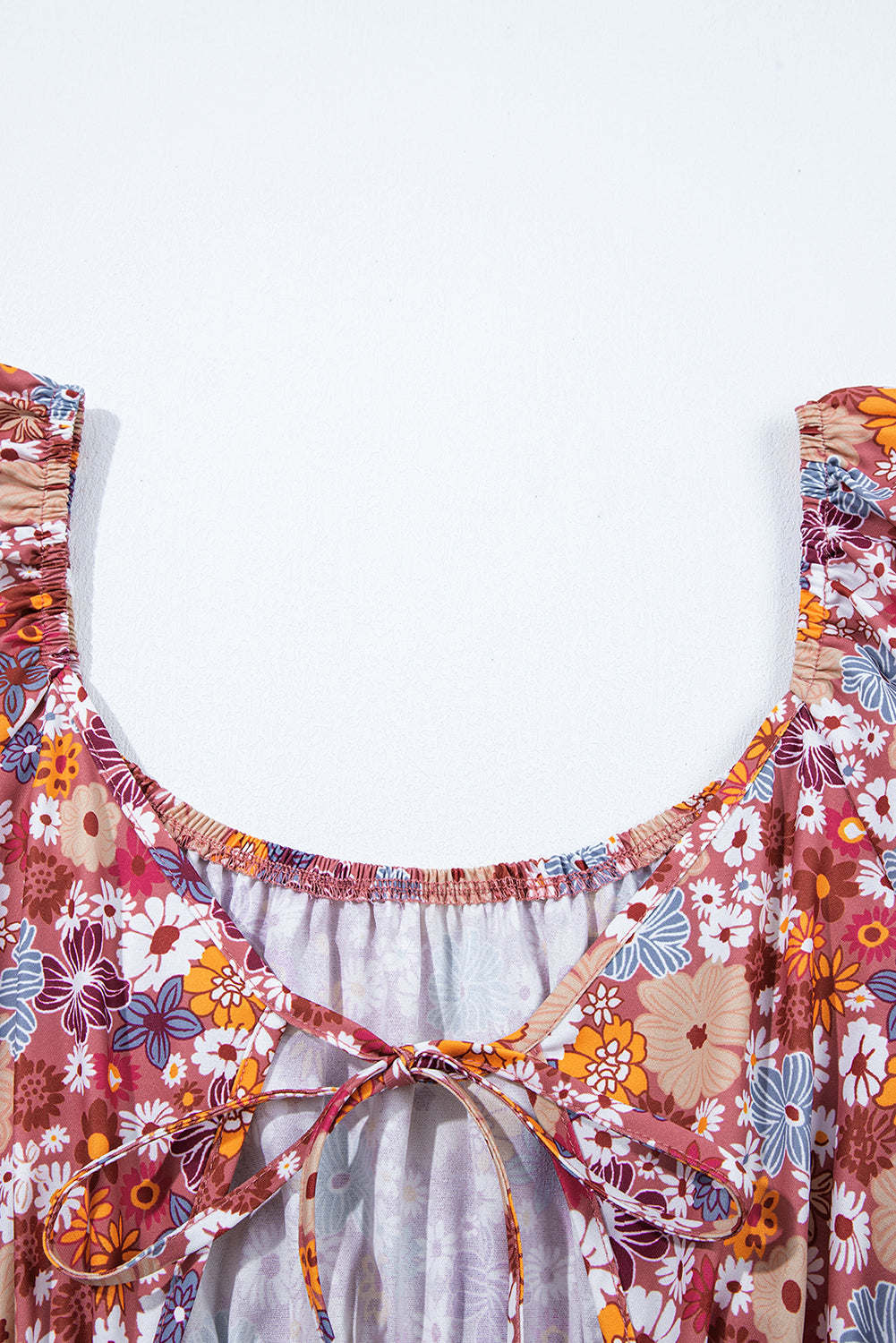 Red Floral Puff Sleeve Square Neck Knot Open Back Mini Dress eAura