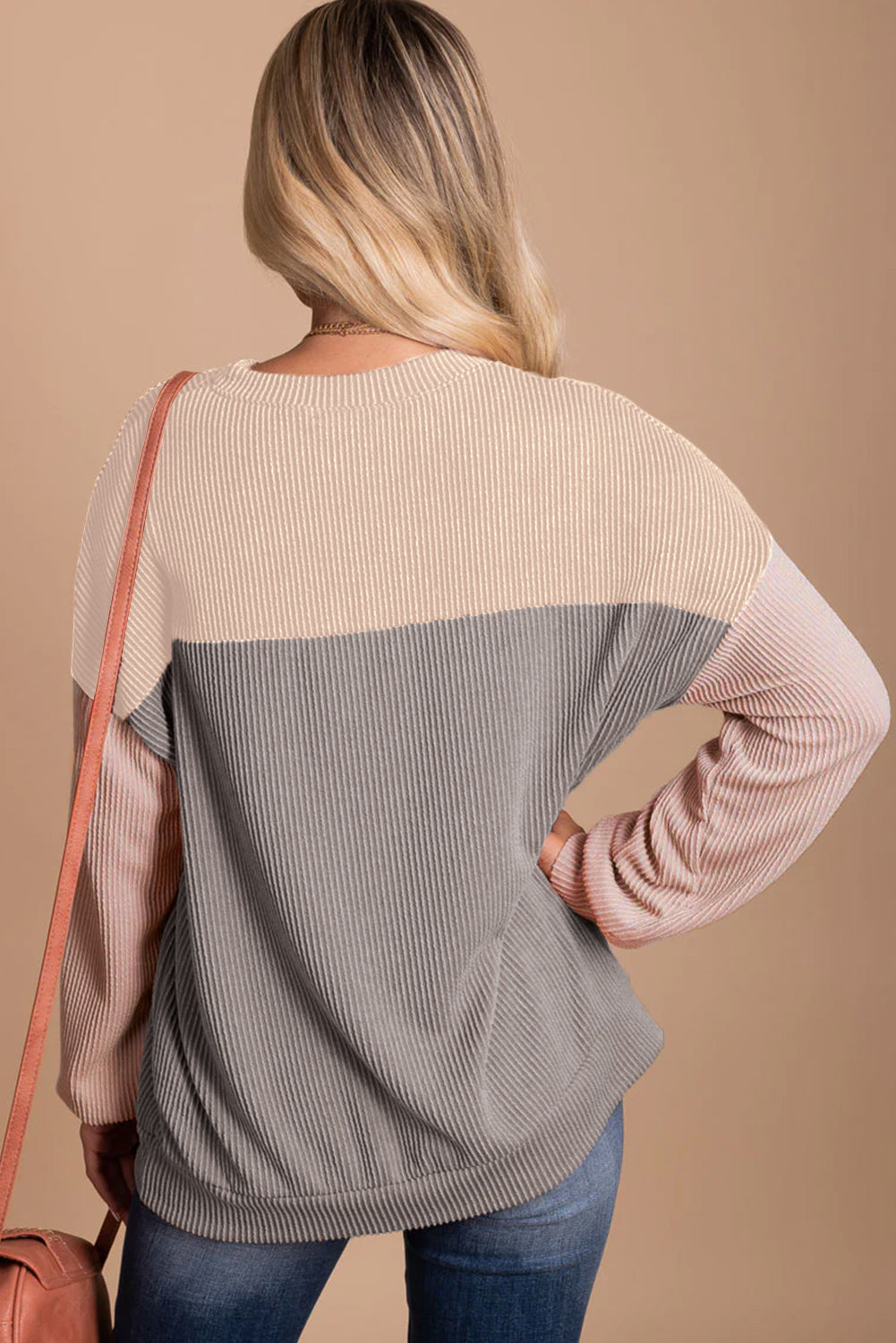 Multicolour Colour Block Long Sleeve Ribbed Loose Top eAura