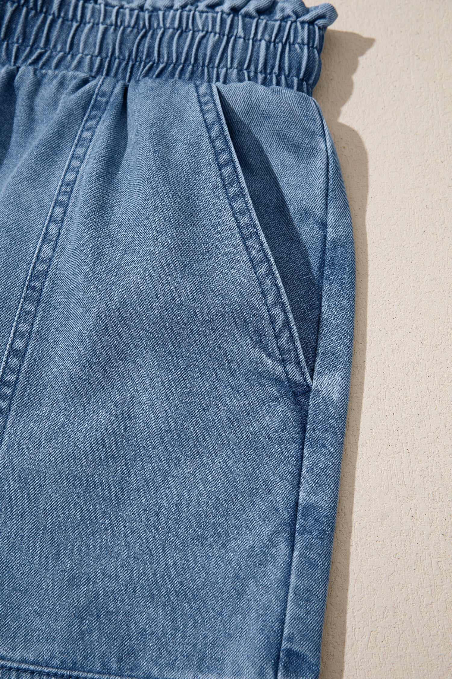 Smocked Elastic Waist Denim Shorts – High Waist with Drawstring