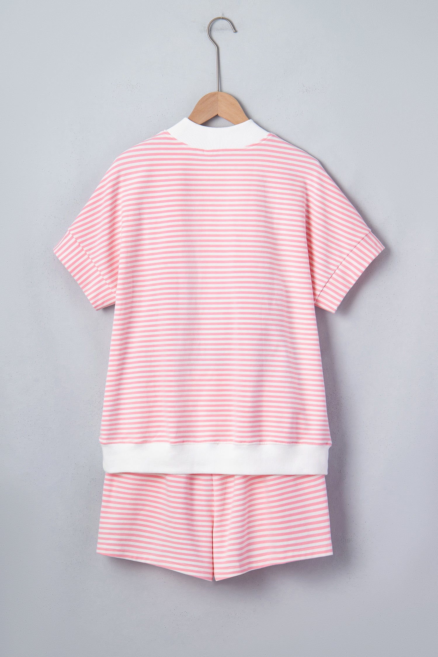 Stripe Cuffed Sleeve Contrast Mock Neck Tee Casual Co-ord Short Set