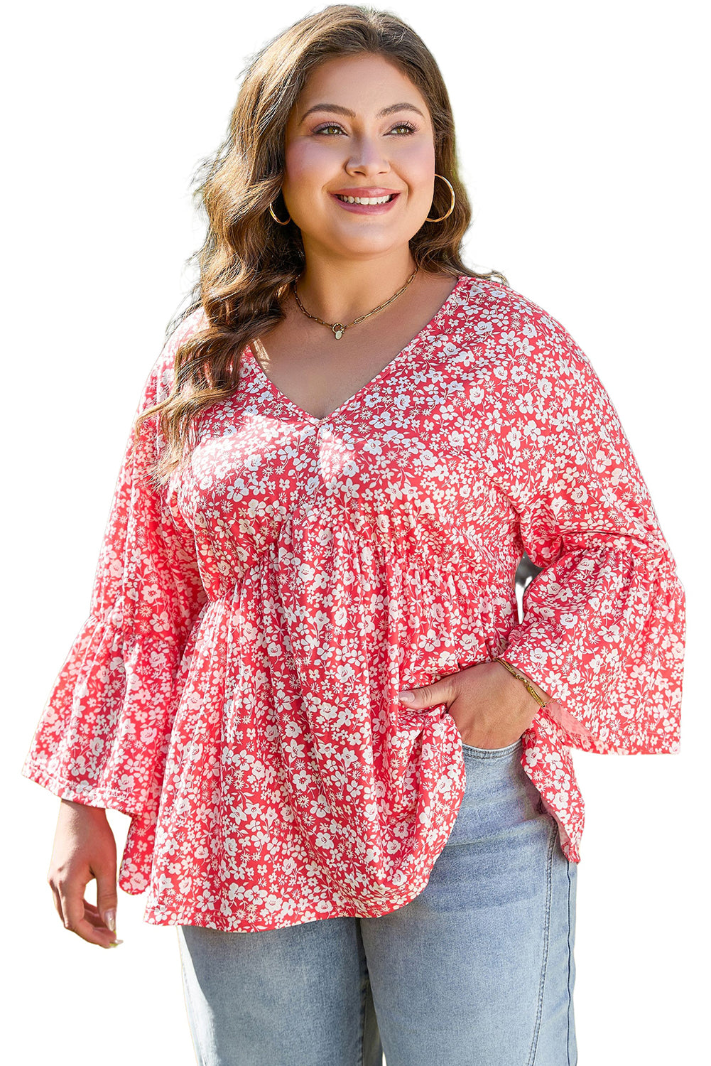 Red Plus Size Floral V Neck Flared Bracelet Sleeve Blouse BB Fashion Outlet