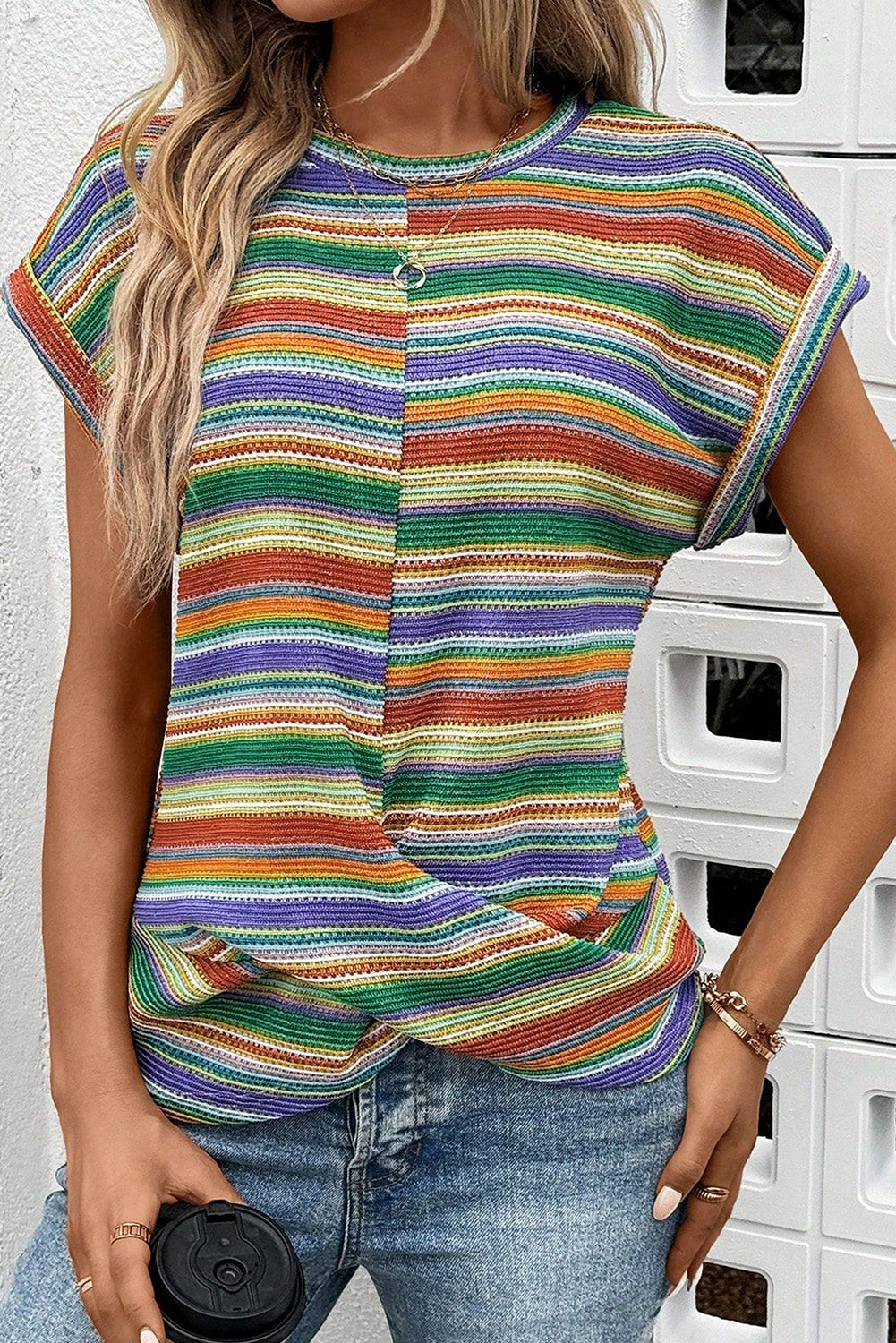 Multicolour Striped Pattern Twist Hem Short Sleeve Top eAura