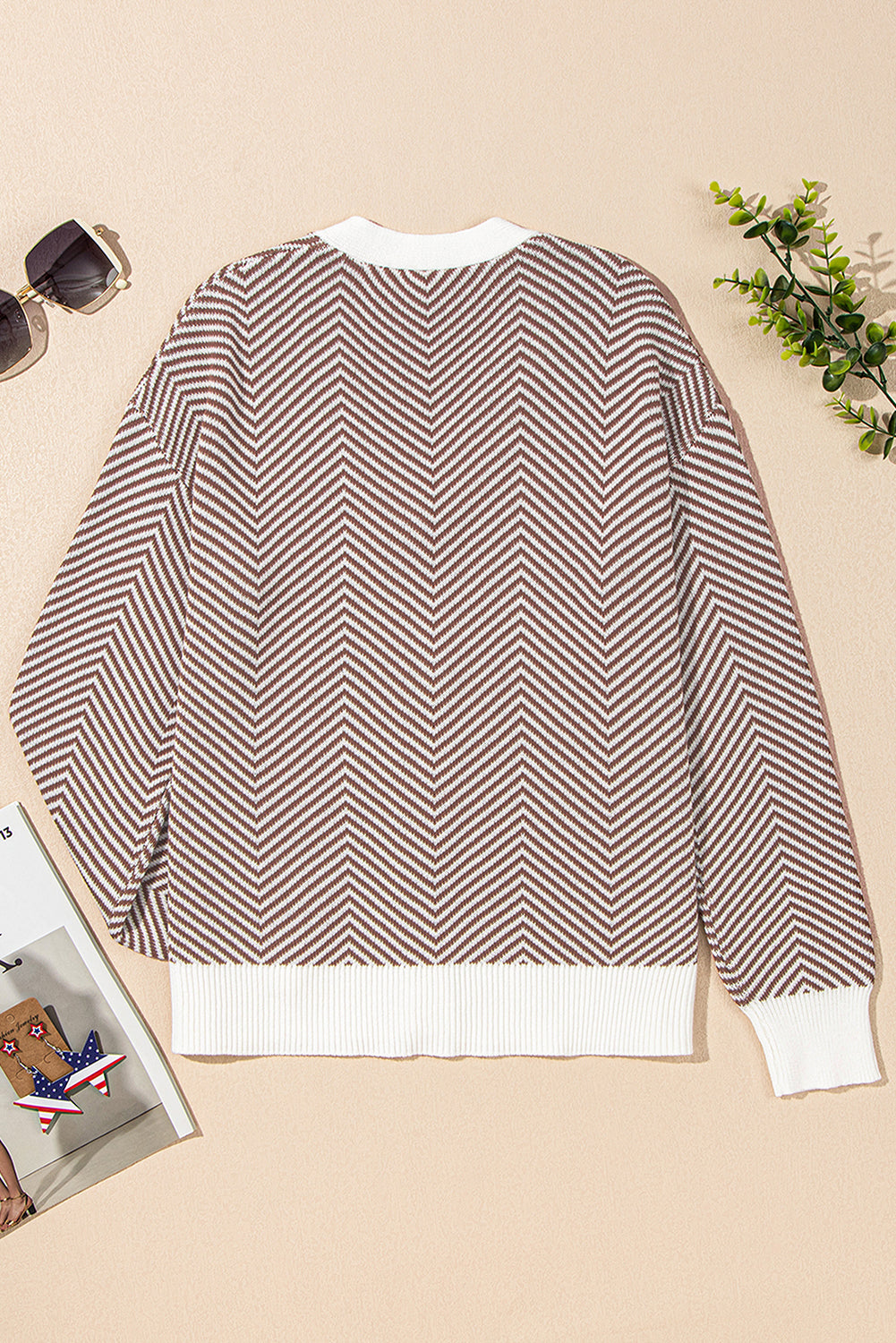 Brown Stripe Buttoned Front V Neck Herringbone Cardigan Dear-Lover Dropshipping