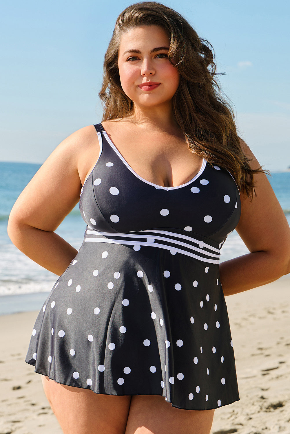 Black Polka Dot/Colourblock Trim V Neck Plus Size Swim Dress BB Fashion Outlet