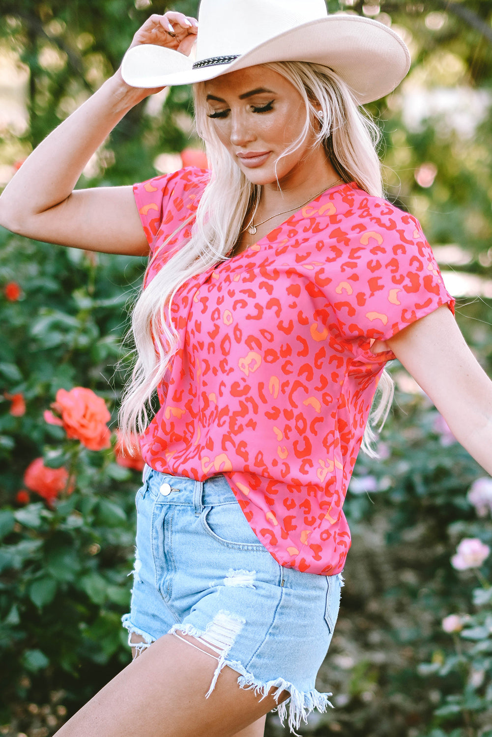 Pink Leopard V Neck Short Sleeve Blouse eAura