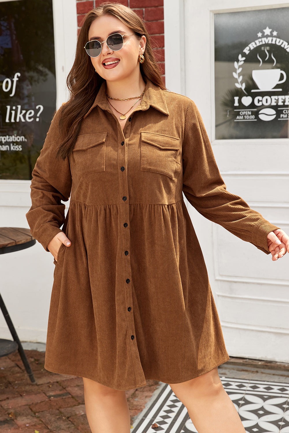 Soft Corduroy Full Buttoned Collared Shirt Dress Plus Size - eAura
