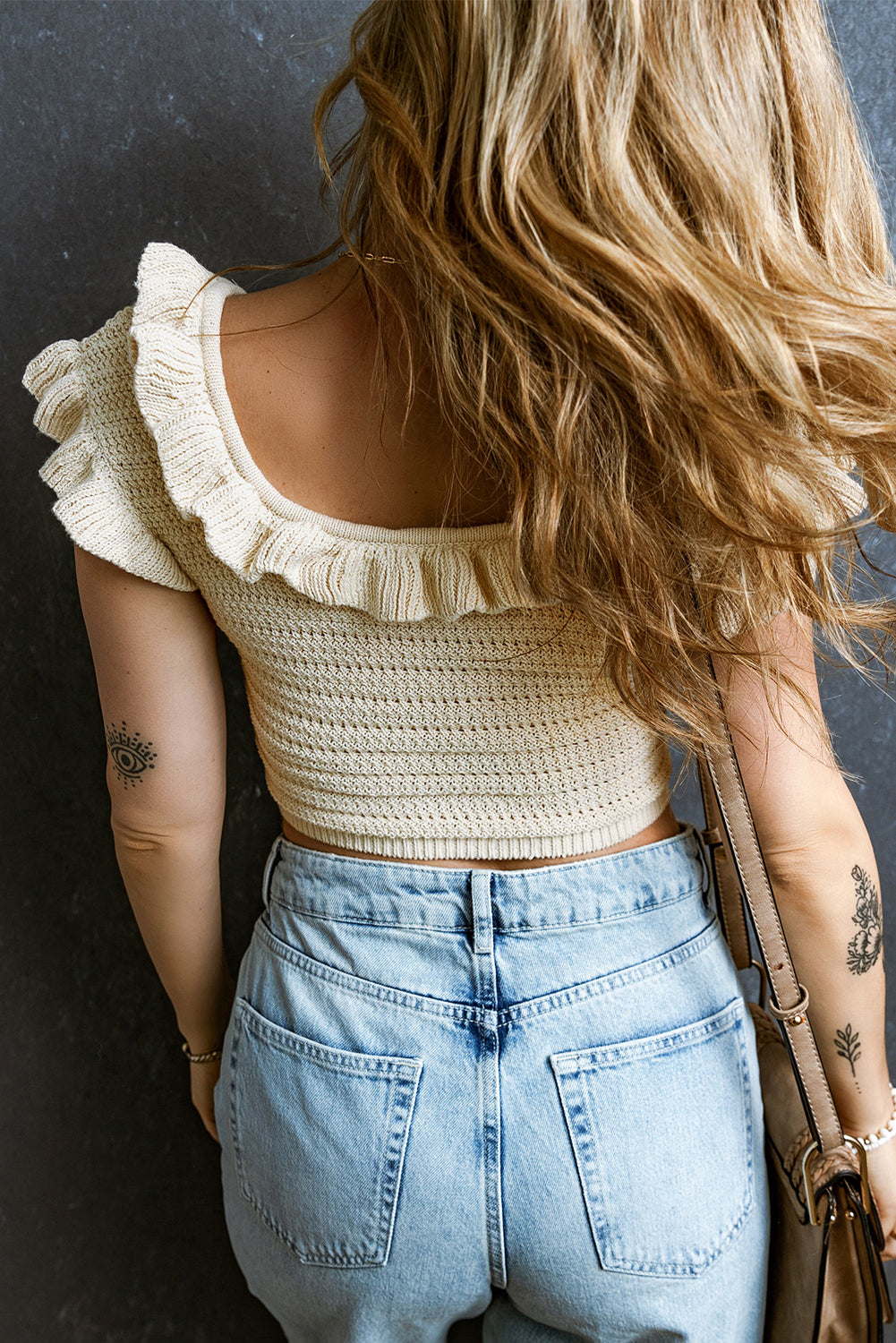 Beige Ruffled Neckline Knitted Short Sleeve Crop Top eAura