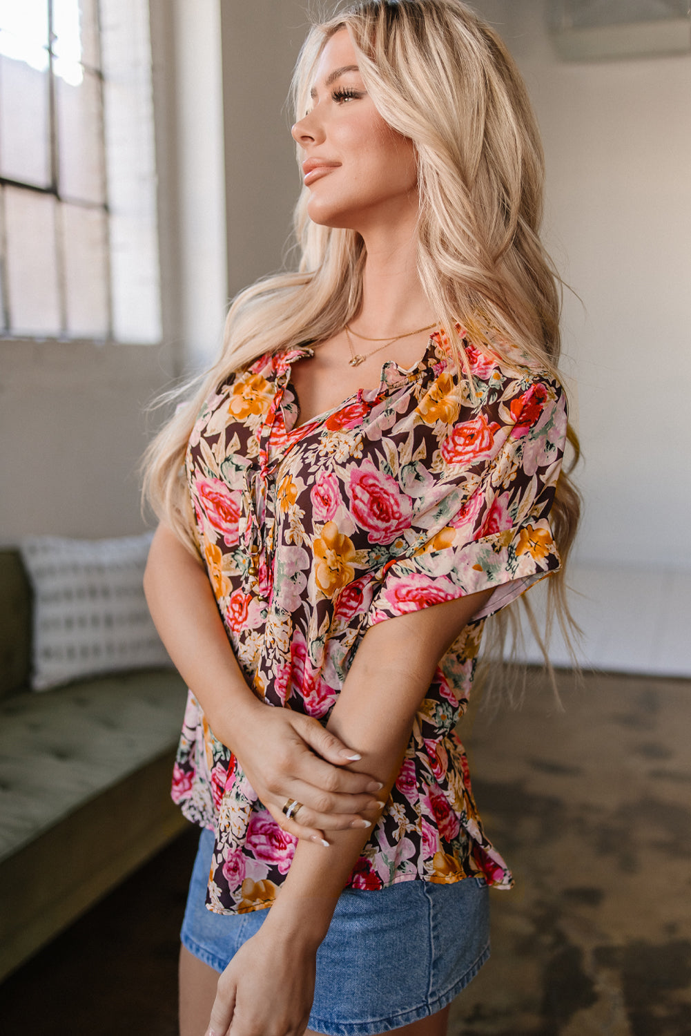 Pink Floral Print Crew Neck Short Sleeve Shift Blouse eAura