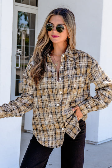 Retro Plaid Long Sleeve Button Down Shirt – Brown