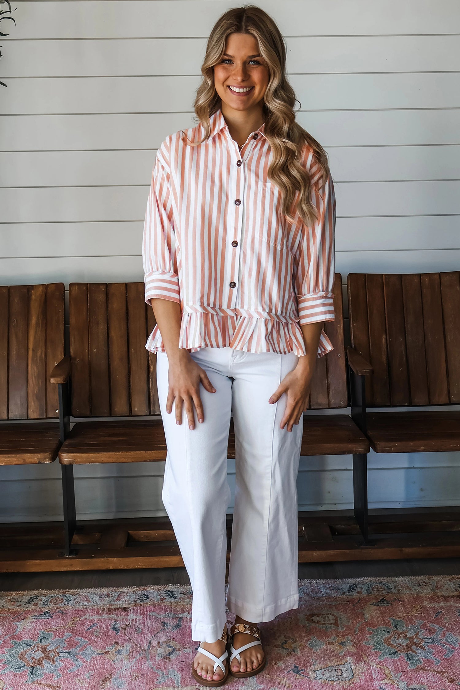 Button Front Ruffle Hem Bracelet Sleeve Shirt – Khaki Stripe