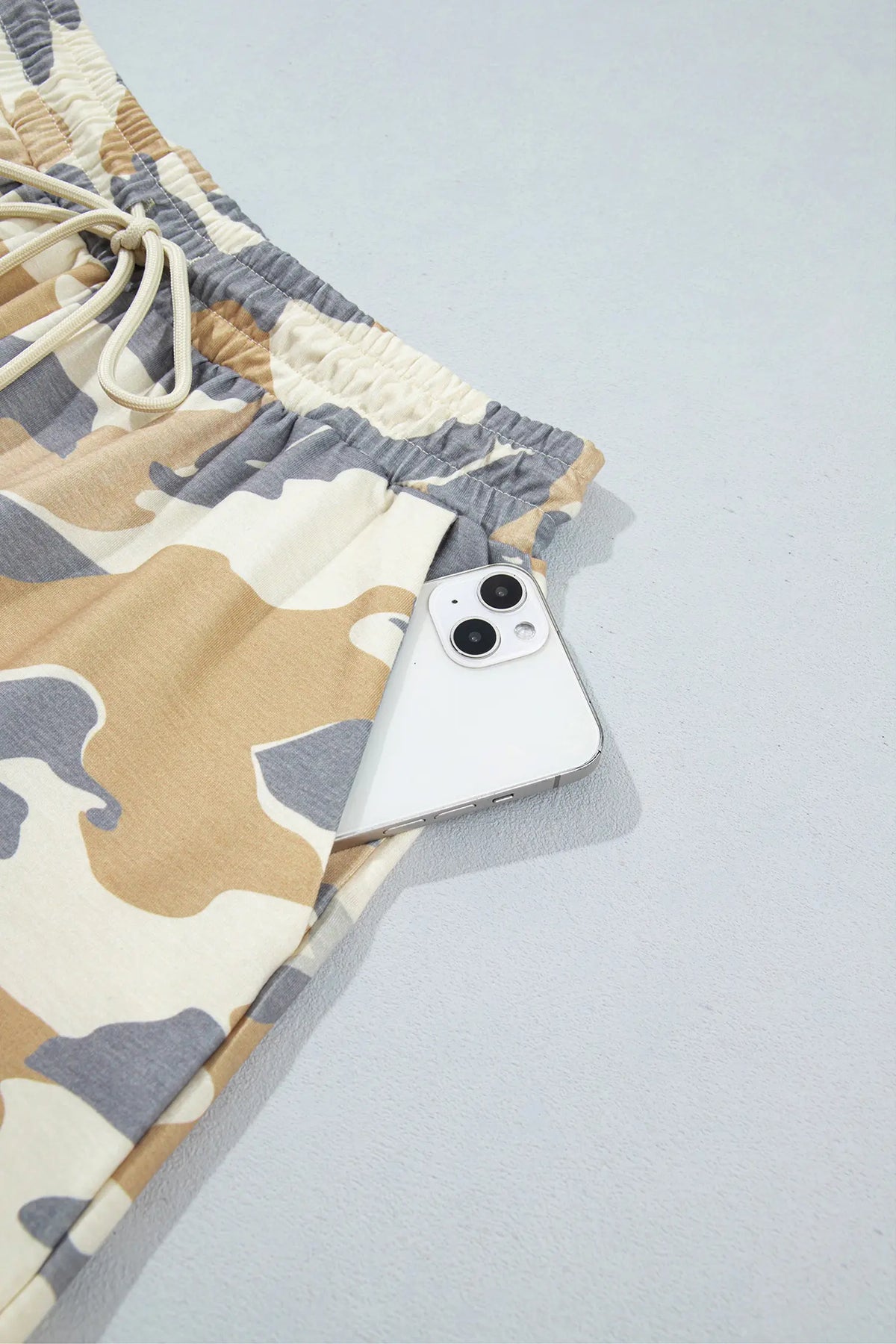 Camouflage Print Long Sleeve Top Drawstring Shorts Set