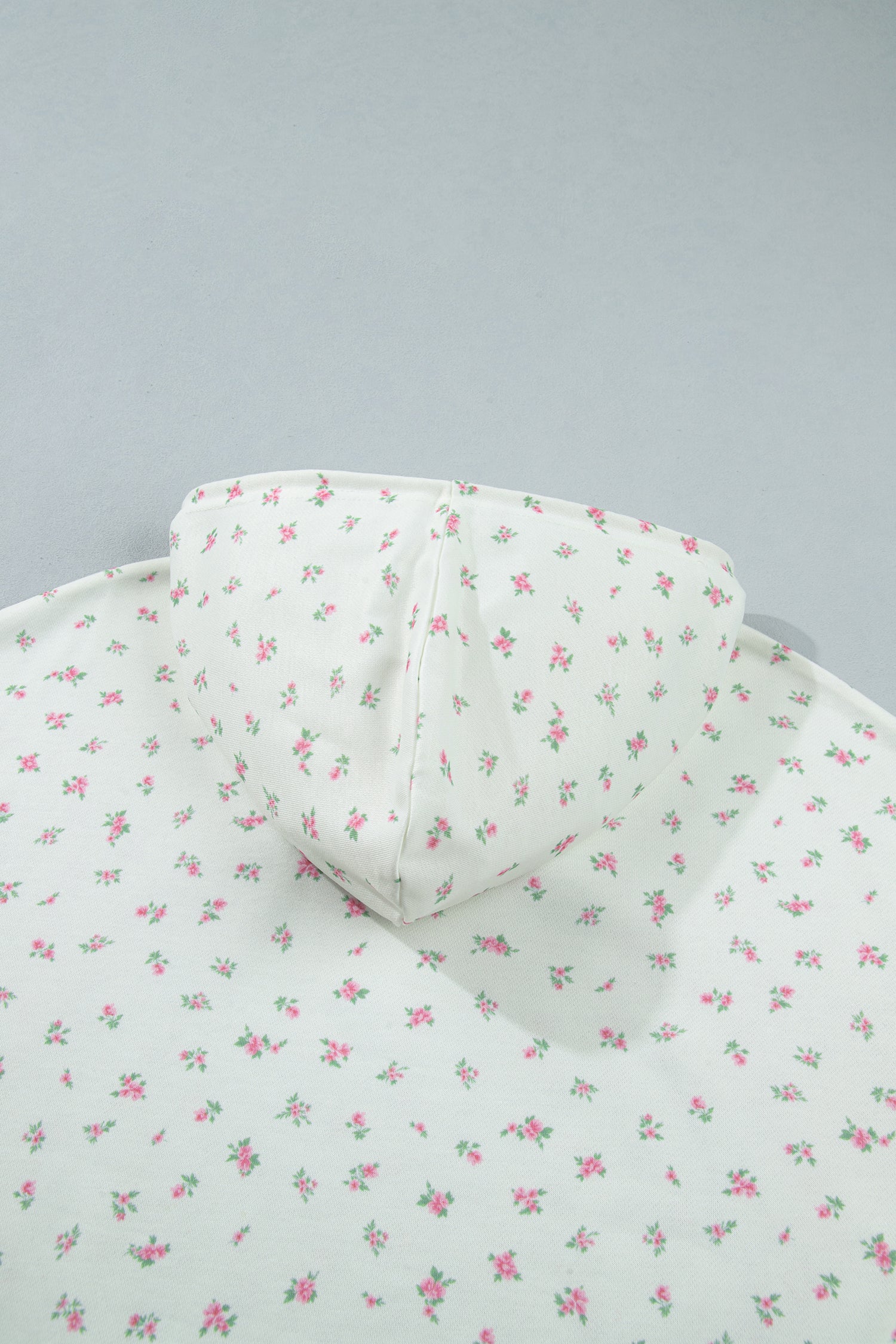 Floral Print Ribbing Drawstring Hem Long Sleeve Hoodie – White