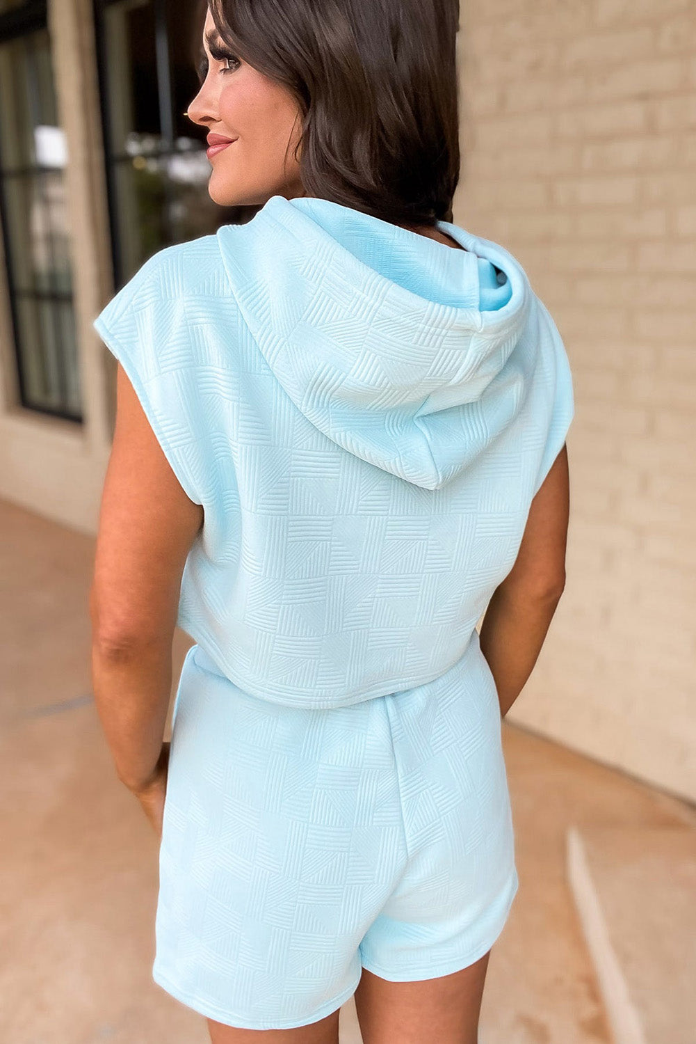 Beau Blue Textured Cropped Hoodie and Shorts Set eAura