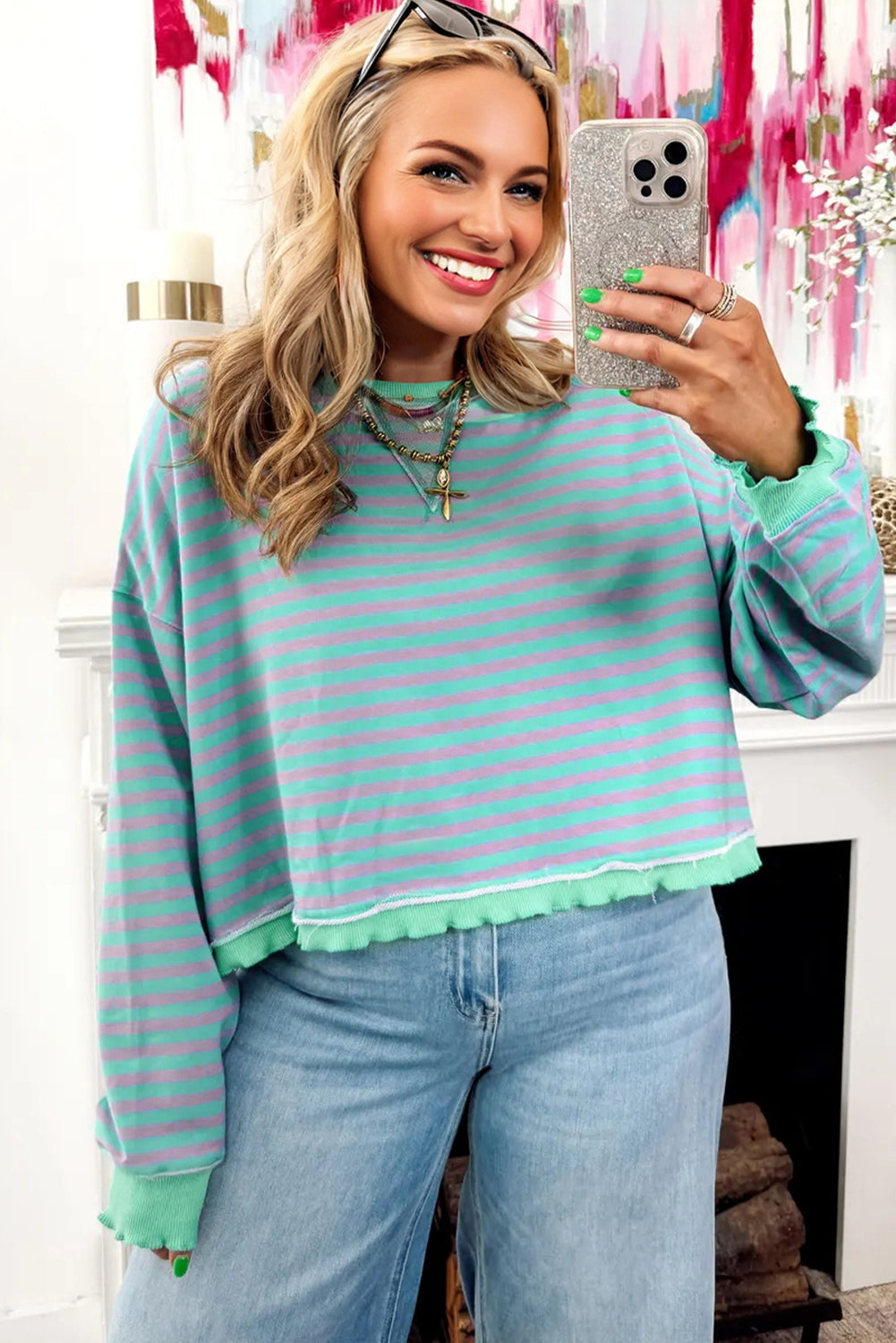 Green Stripe Exposed Seam Contrast Ribbed Trim Boxy Sweatshirt - eAura