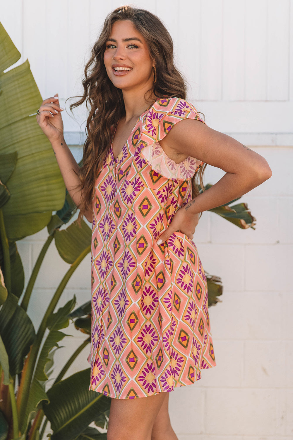 Orange Geometric Floral V Neck Buttoned Ruffled Sleeve Mini Dress eAura