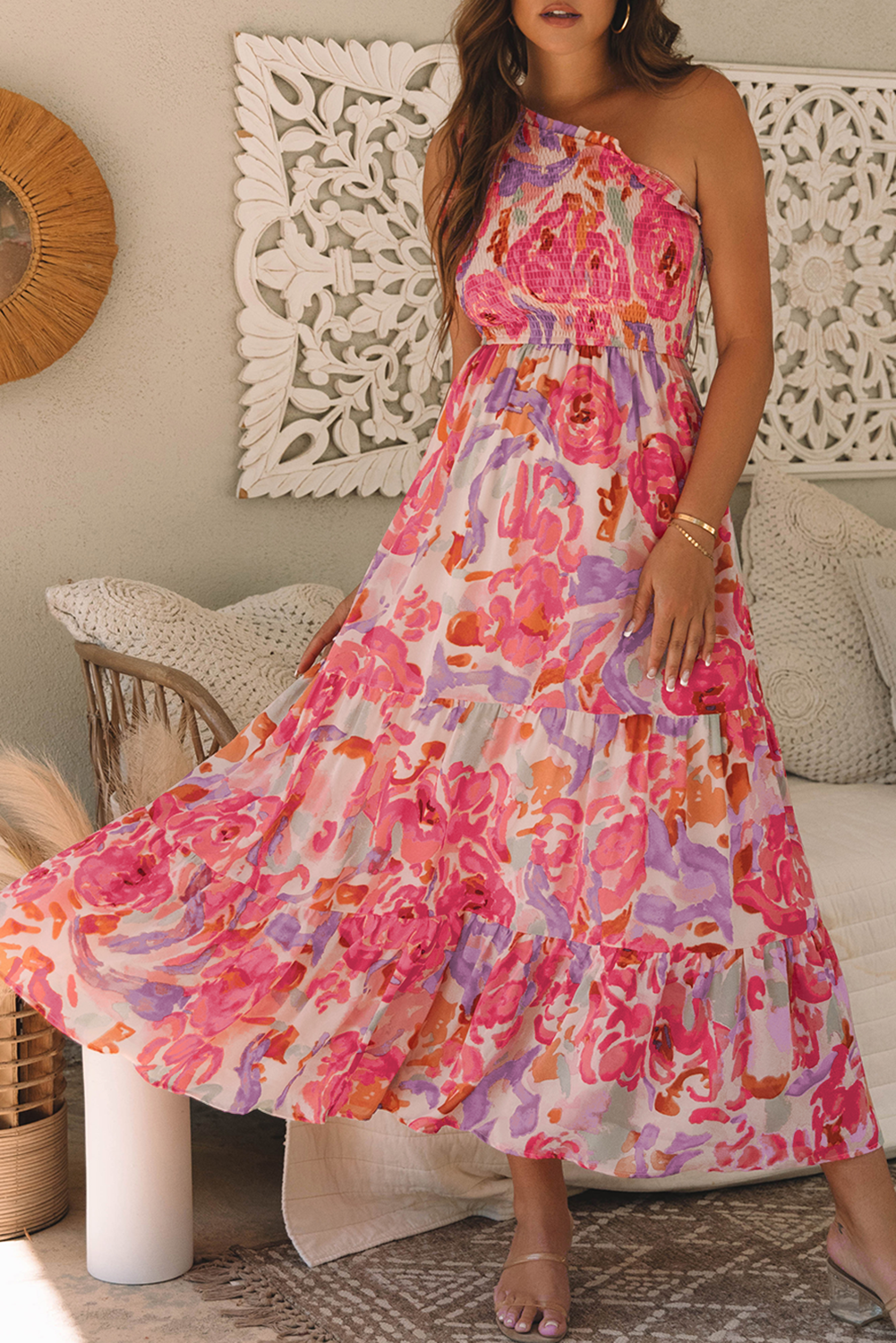 Pink Abstract Floral Print Shirred One Shoulder Maxi Dress eAura