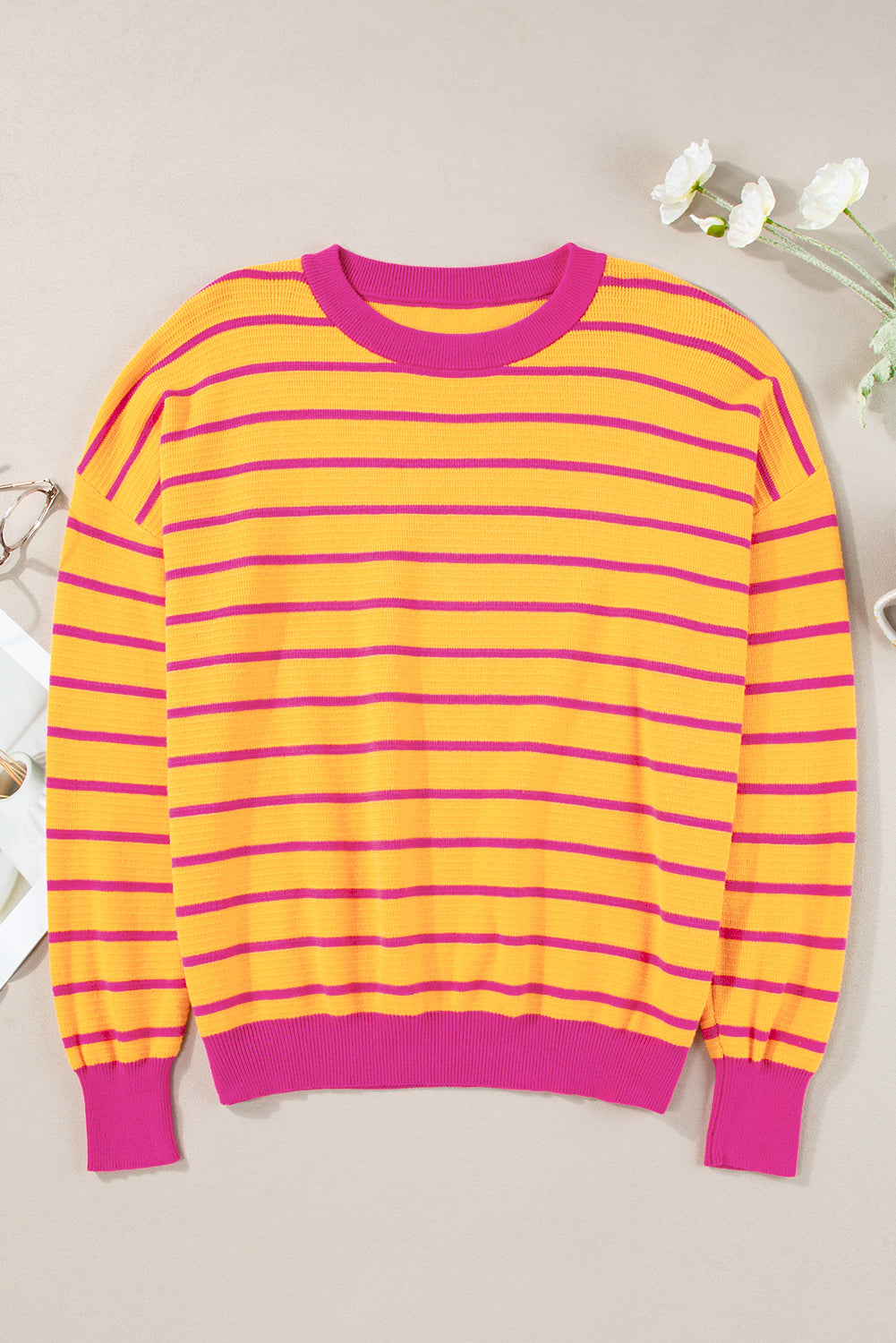 Orange Stripe Trimmed Round Neck Drop Shoulder Loose Sweater eAura
