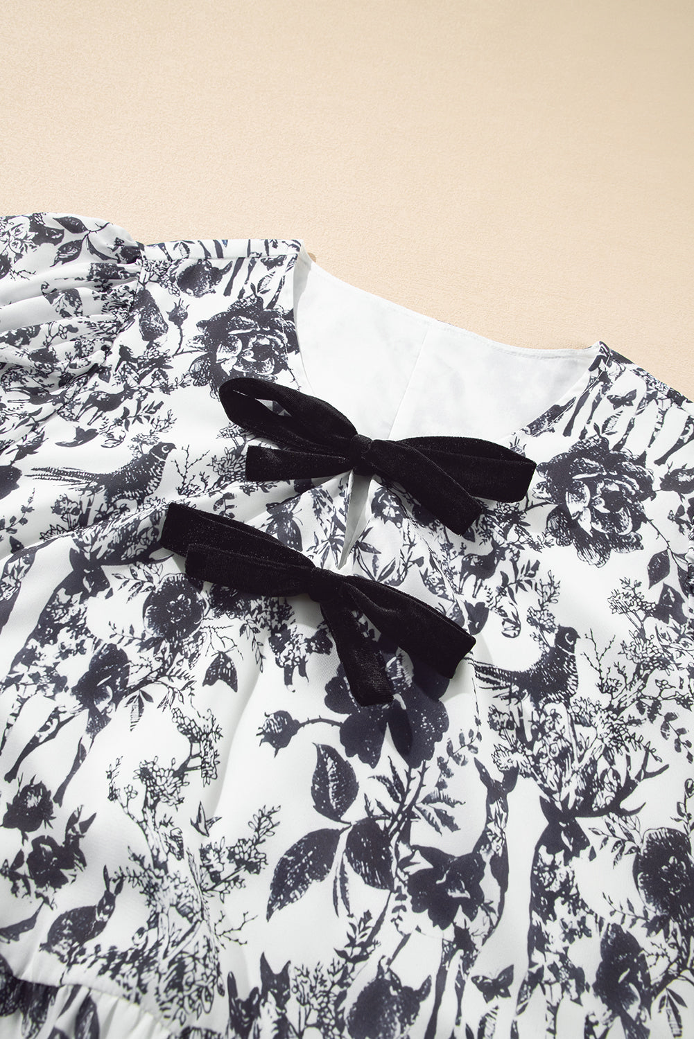 Black Floral Print Bow Detail Puff Sleeve Plus Size Midi Dress BB Fashion Outlet