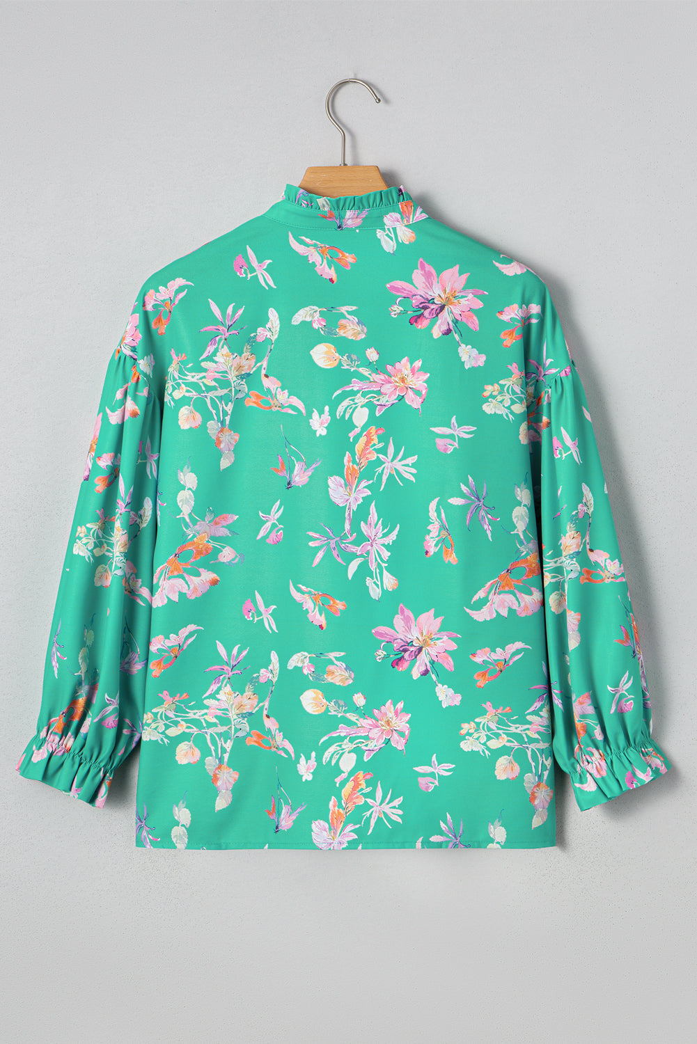 Green Floral Lantern Sleeve Button Front Shirt eAura