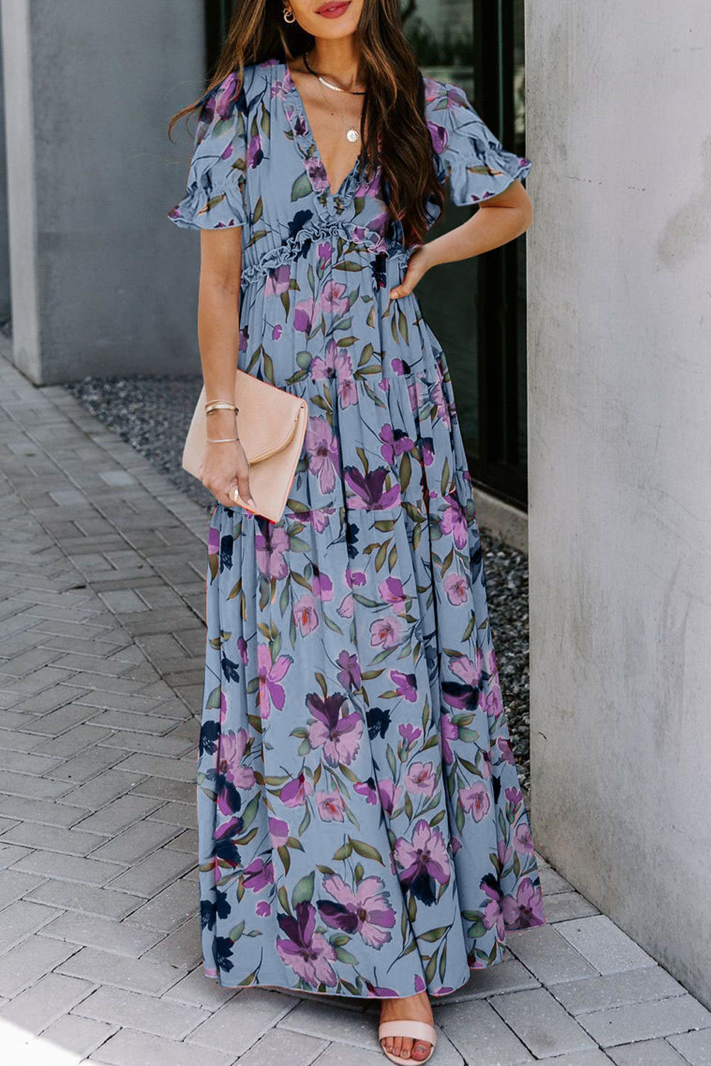 Floral Print Frilled V-Neck Short Sleeve Maxi Dress