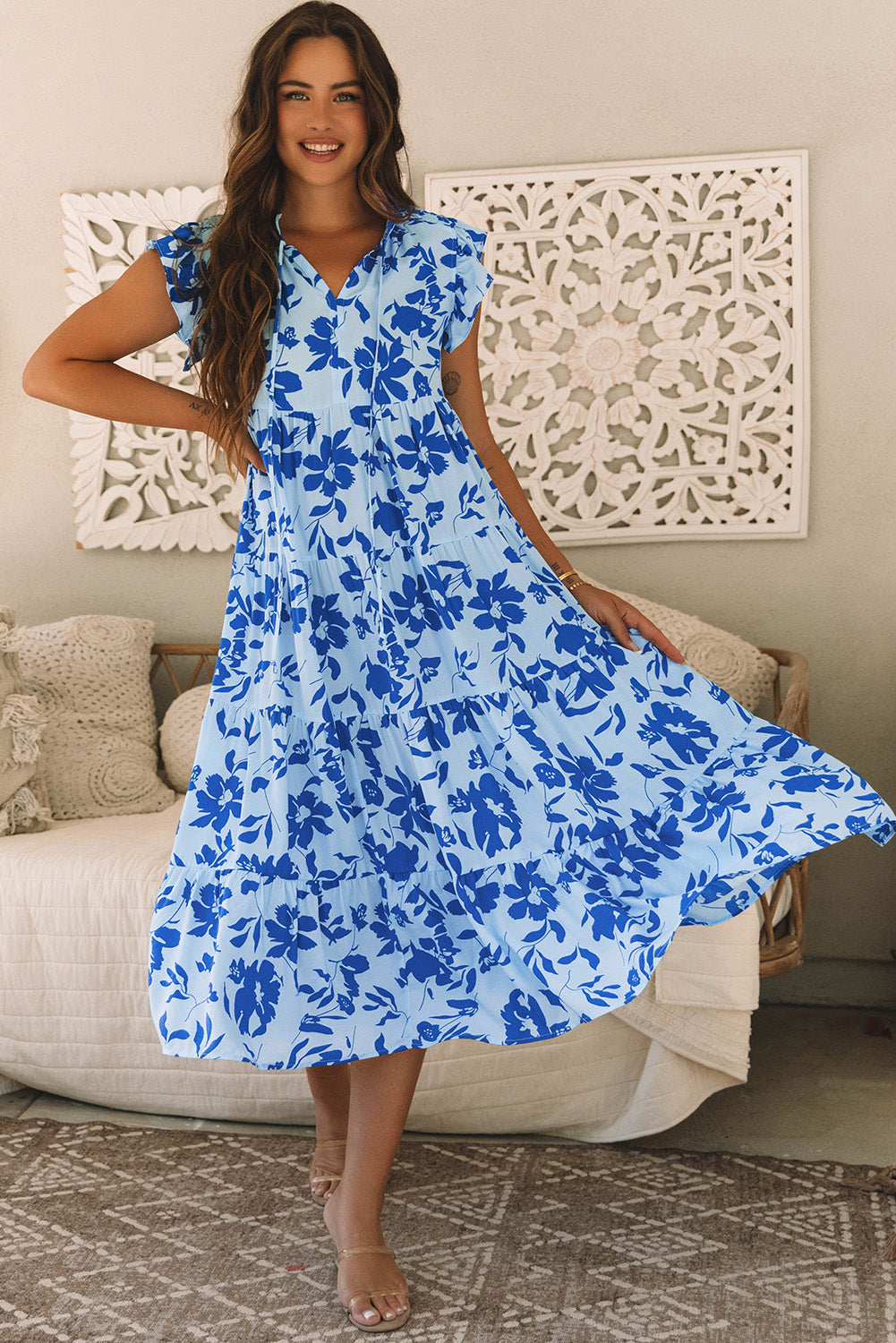 Sky Blue Floral Print Tiered Frilled Trim Flutter Sleeve Maxi Dress eAura