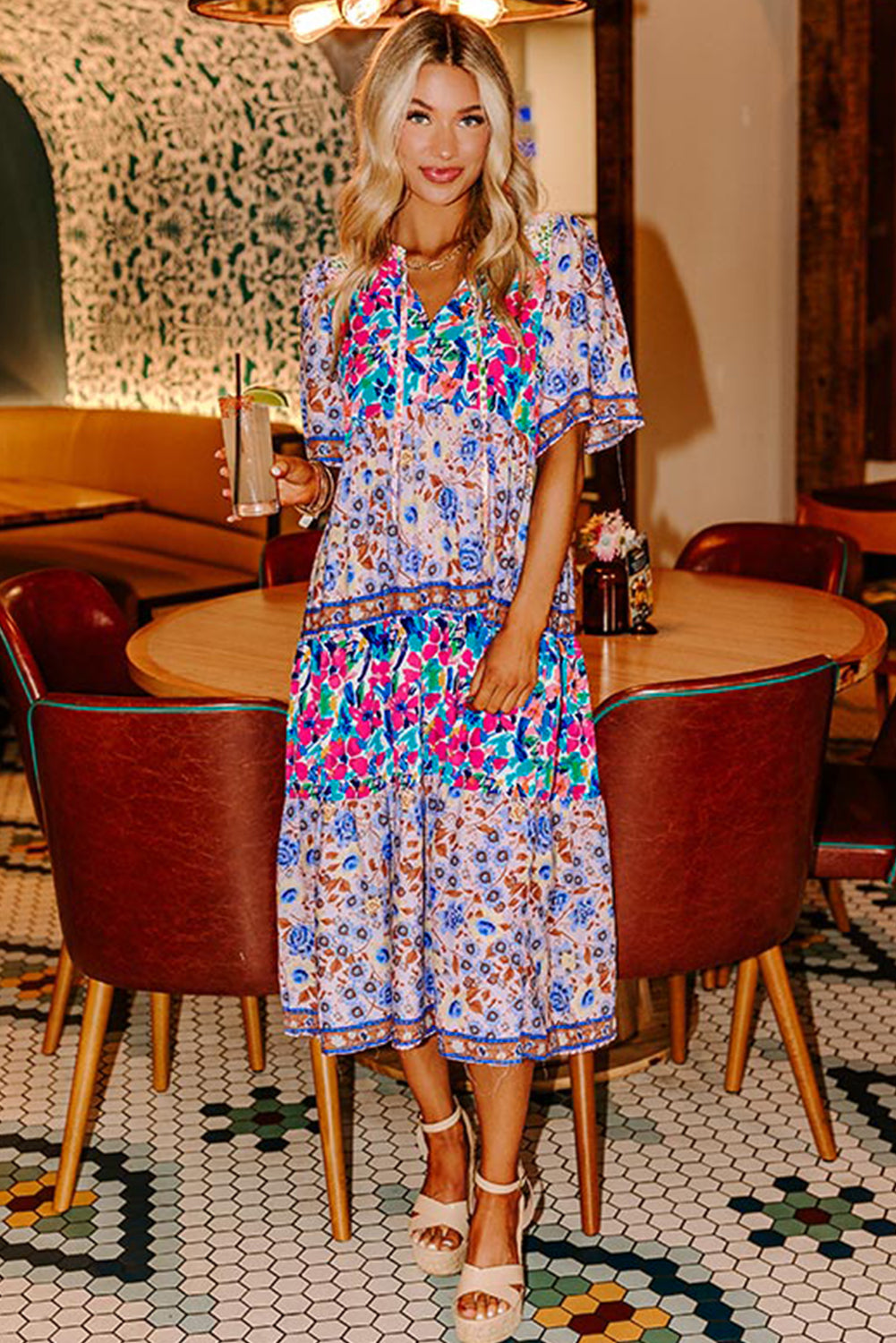 Sky Blue Mixed Floral Print Tie Split Neck Short Sleeve Dress eAura