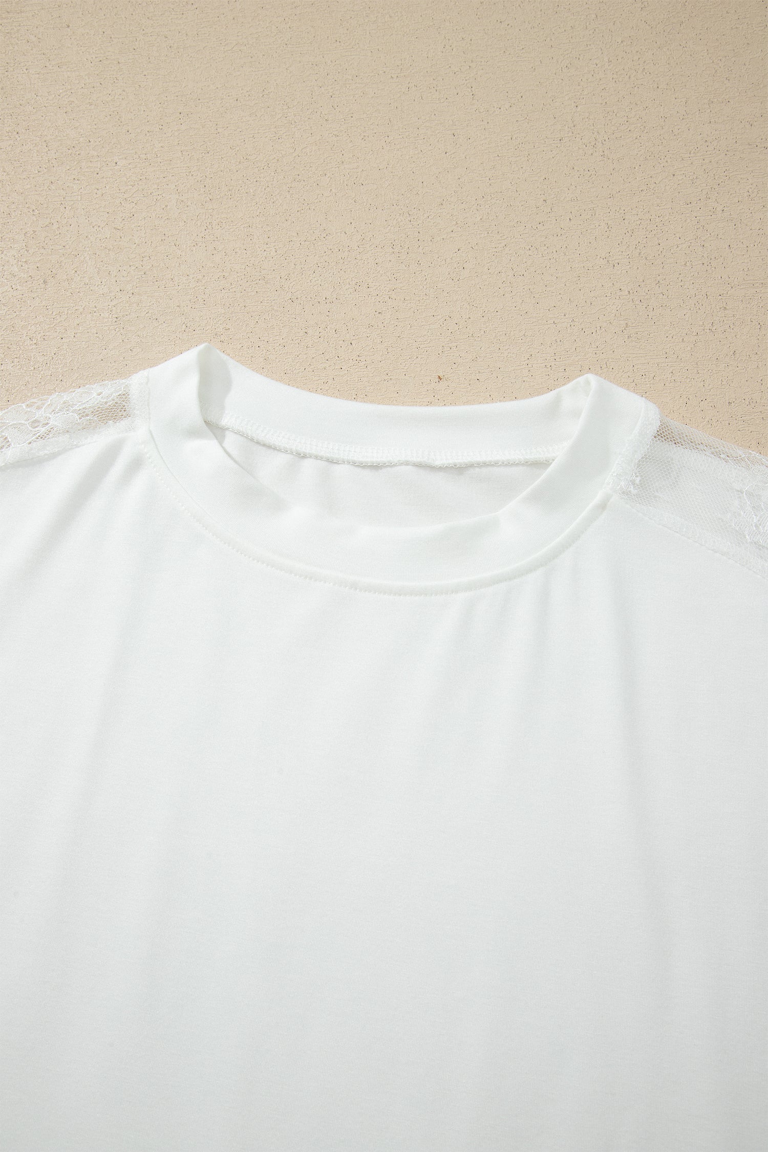 Lace Patchwork Round Neck Long Sleeve Top – White