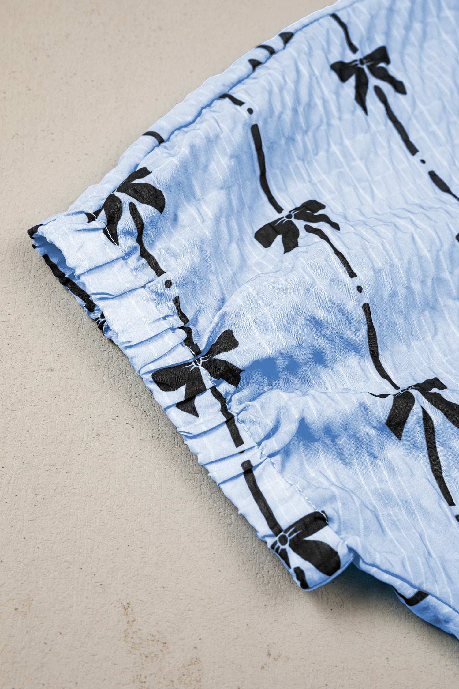 Bow Print Puff Short Sleeve Textured Top