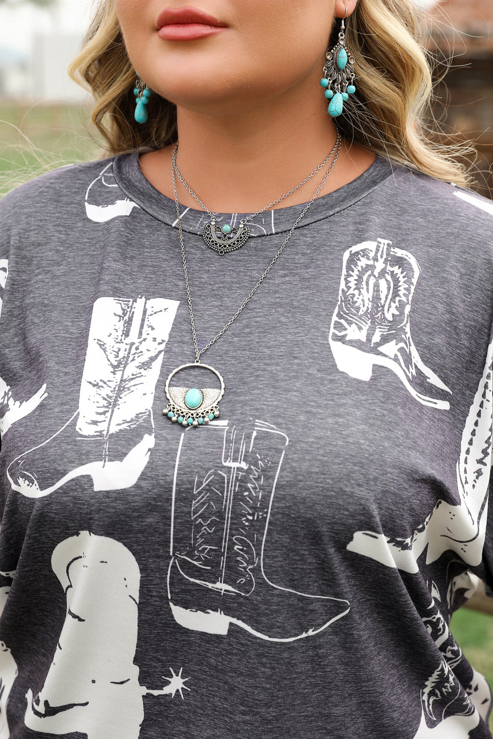 Grey Plus Size Western Boots Print Crew Neck T Shirt BB Fashion Outlet