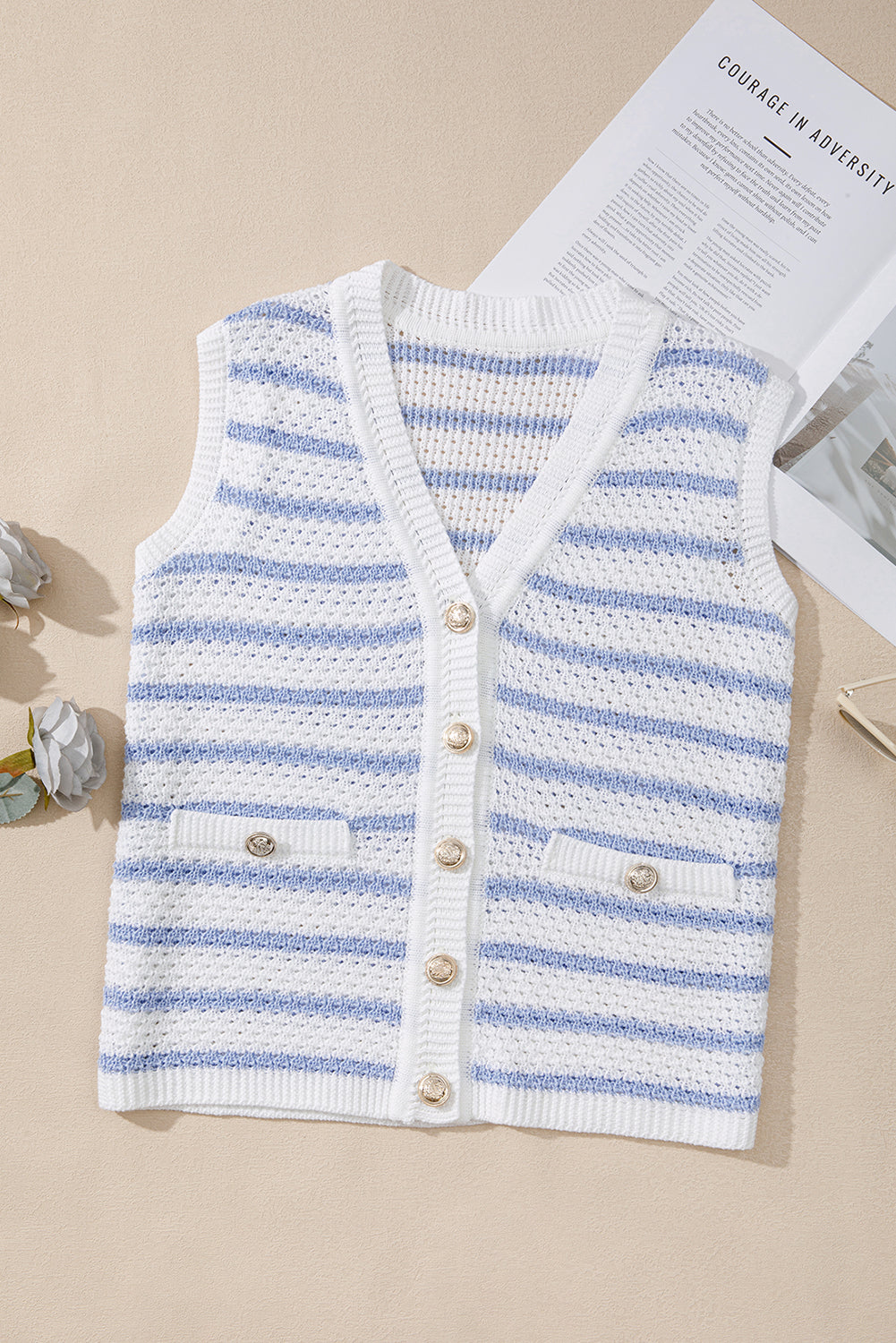 Striped V Neck Gold Buttons Elegant Sleeveless Sweater eAura