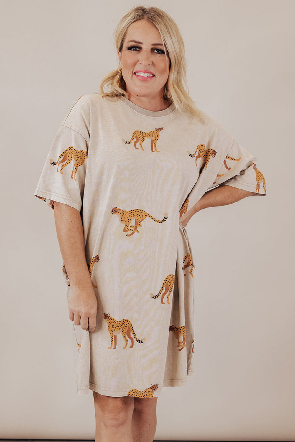 Apricot Plus Size Cheetah Print Side Pockets T Shirt Mini Dress BB Fashion Outlet