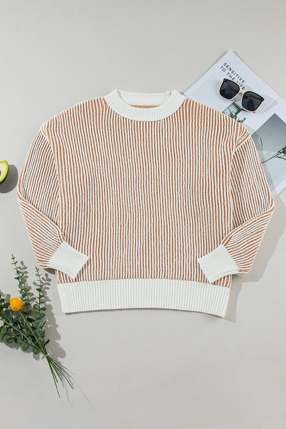 Bright Pink Striped Textured Knit Contrast Edge Loose Sweater eAura