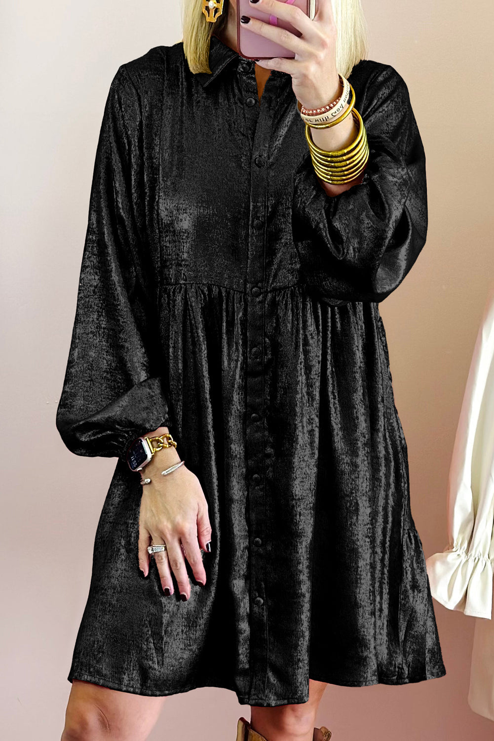 Peach Blossom Metallic Sheen Puff Sleeve Button Up Mini Shirt Dress eAura