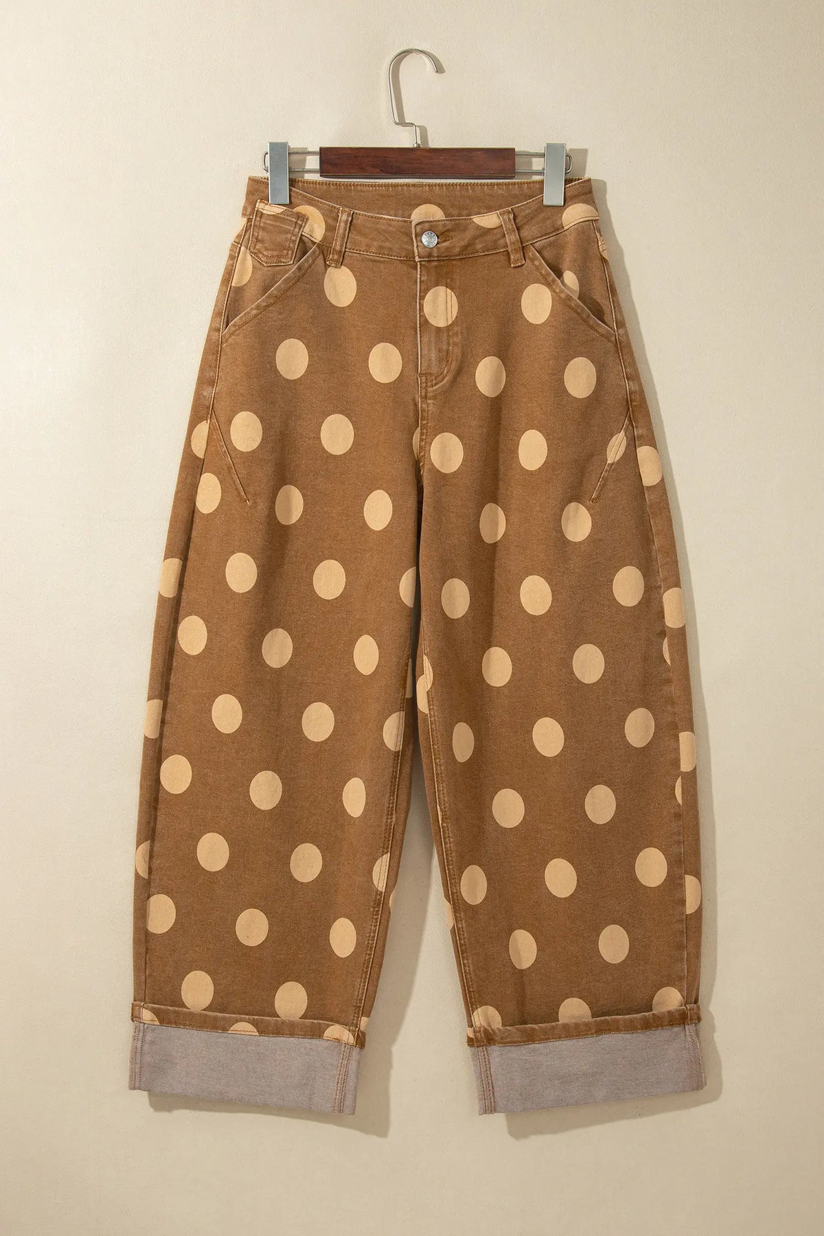 Polka Dot Ankle-Length Metal Button Casual Jeans – Brown