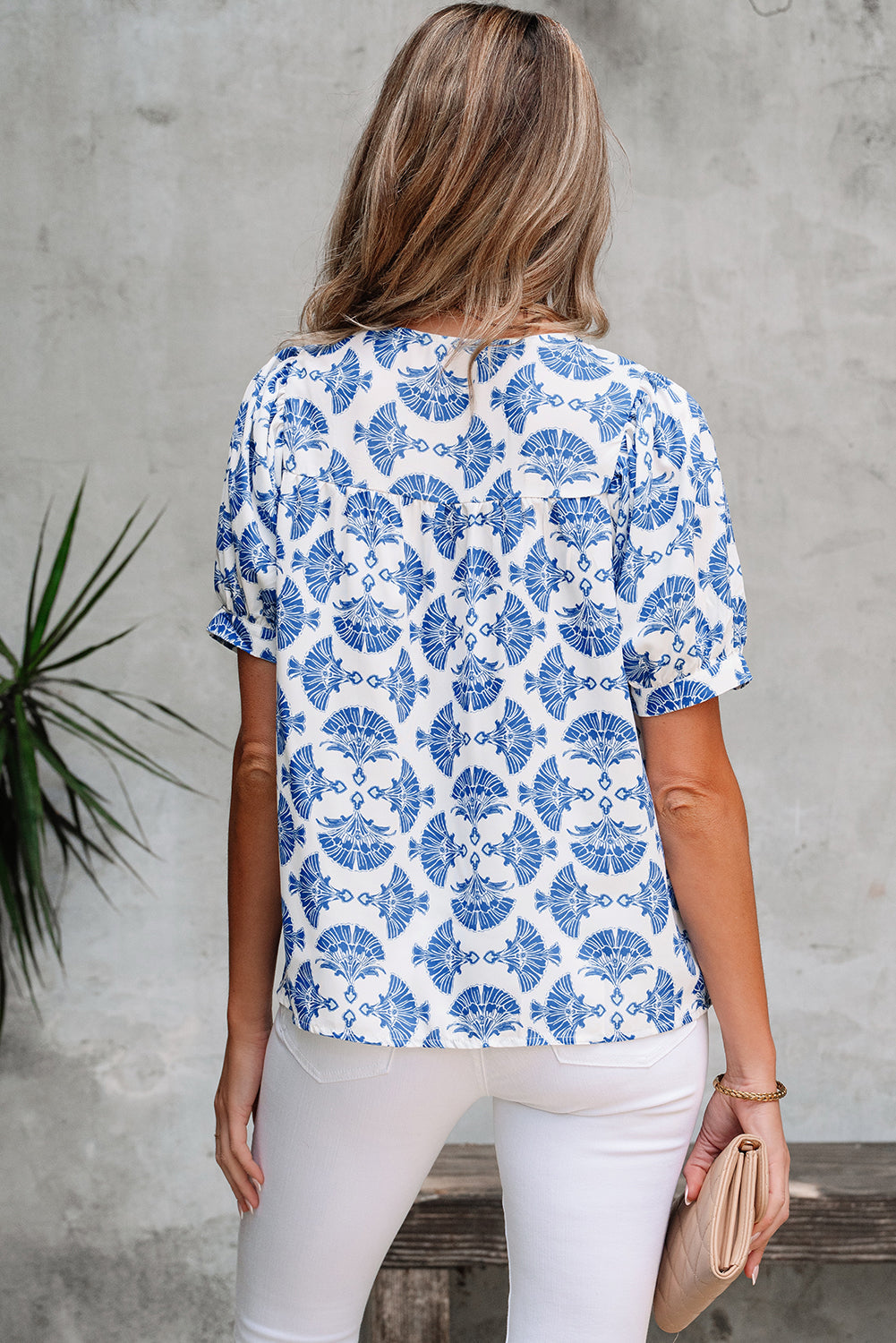 Blue Geometric Print Tassel Drawstring V-Neck Blouse eAura