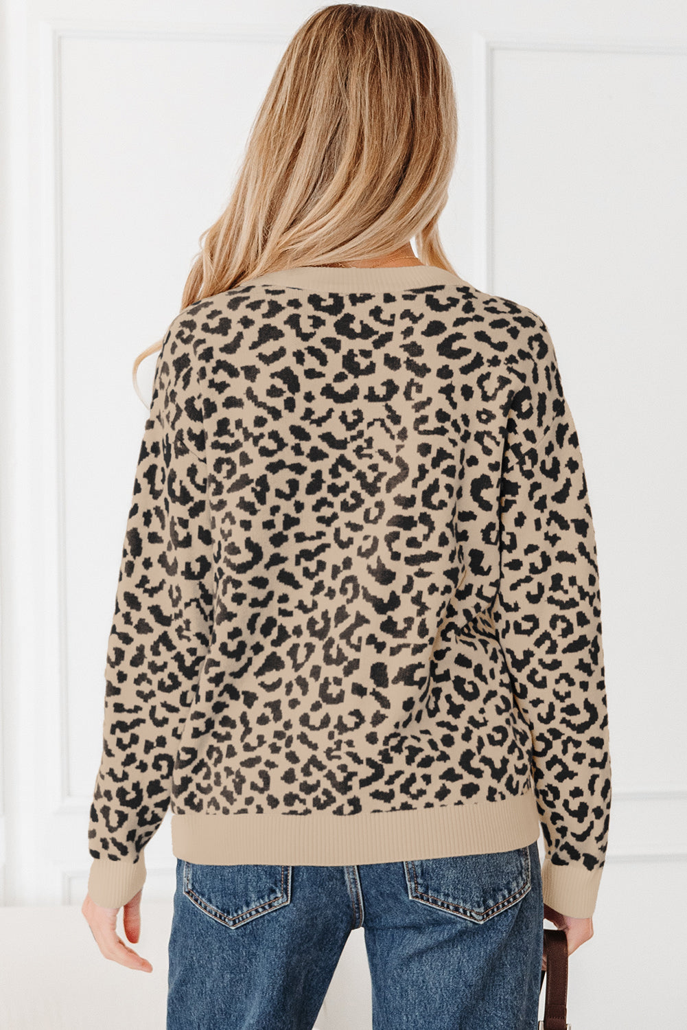 Leopard Print Drop Shoulder Chunky Knit Cardigan - eAura