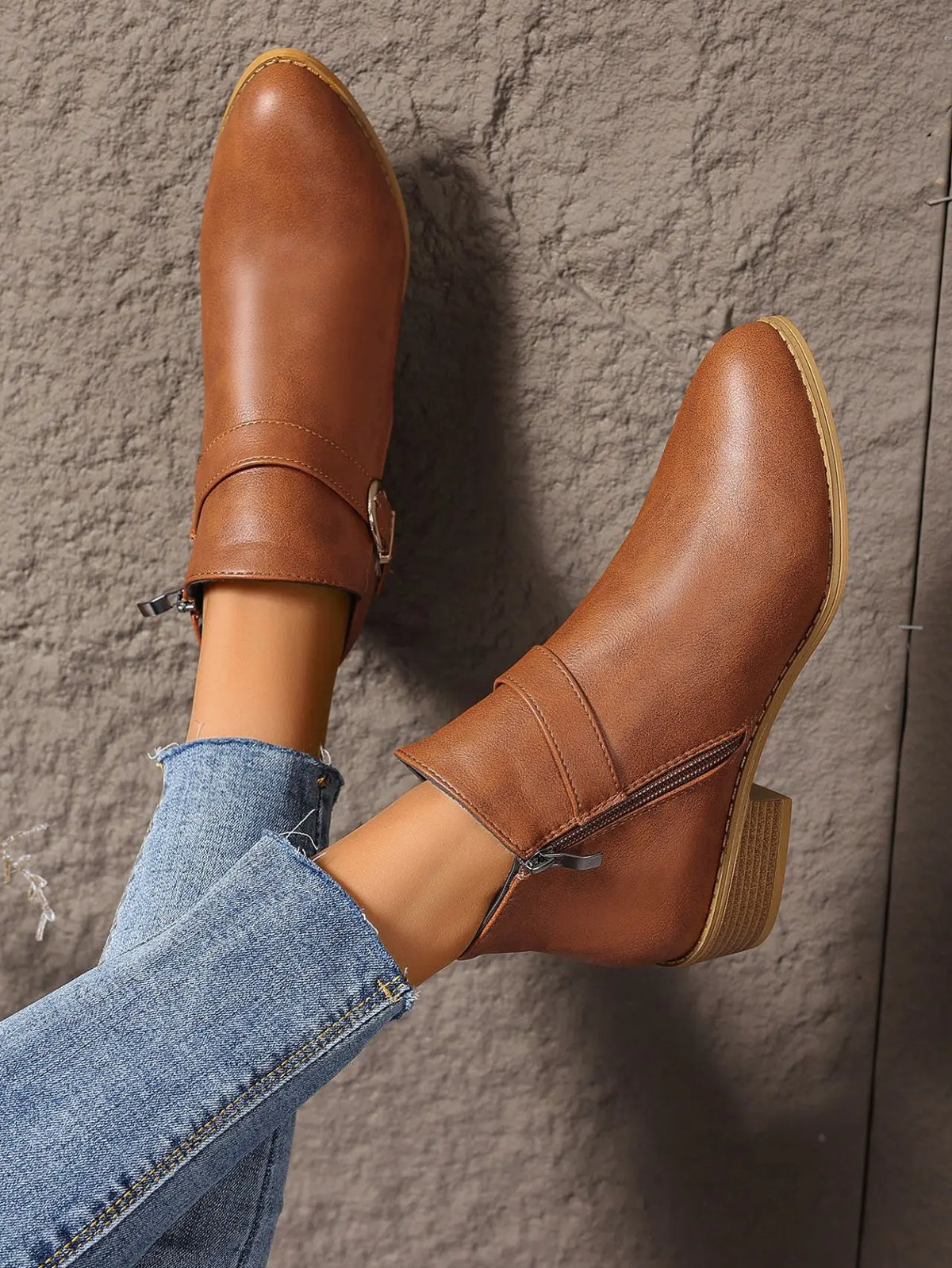 Light Brown buckle boots, close view