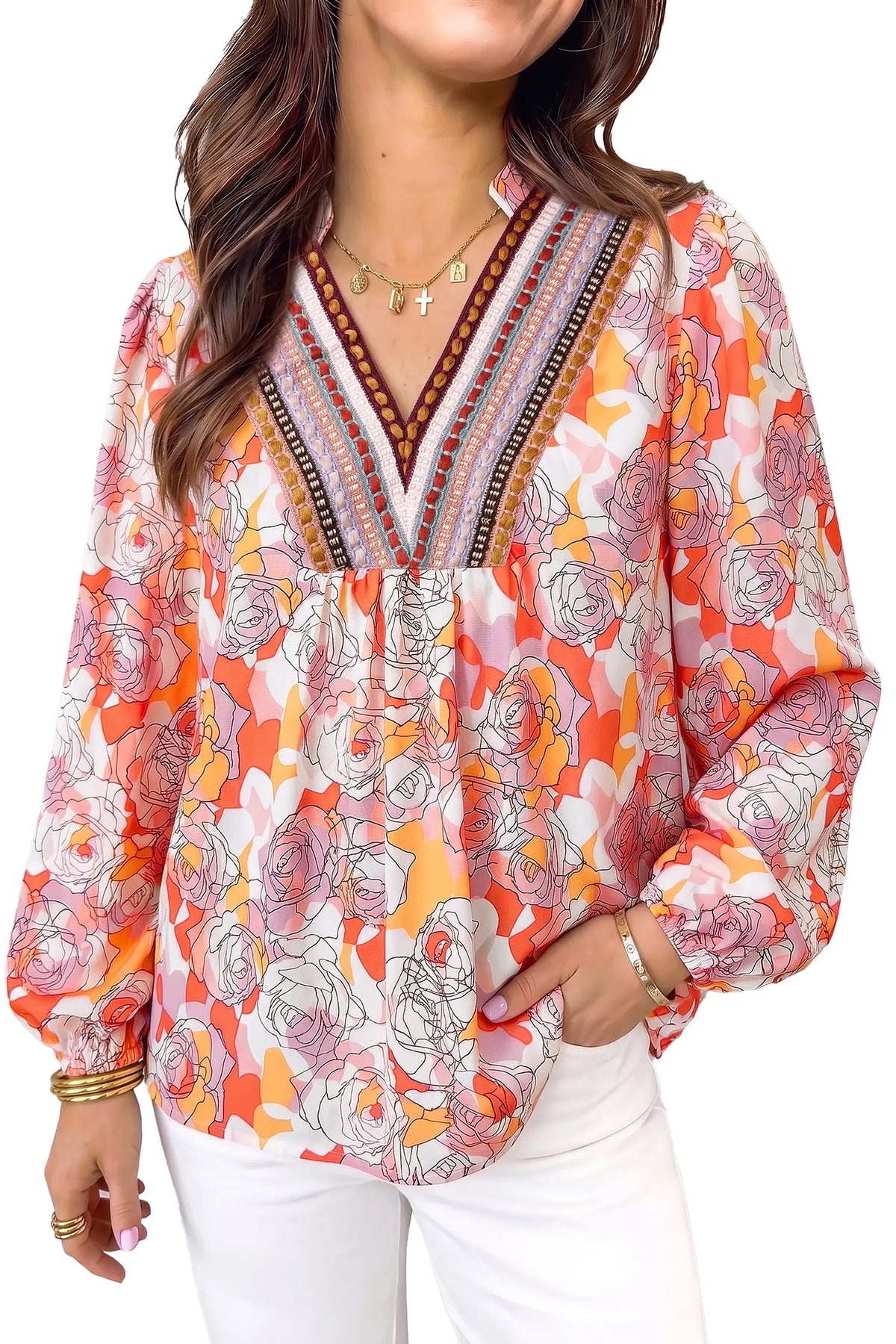 Floral Print V Neck Long Sleeve Shift Blouse – Pink