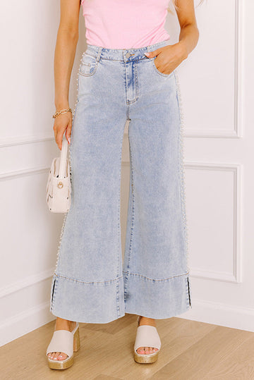 Mid Rise Pearl Embellished Split Wide Leg Jeans - eAura