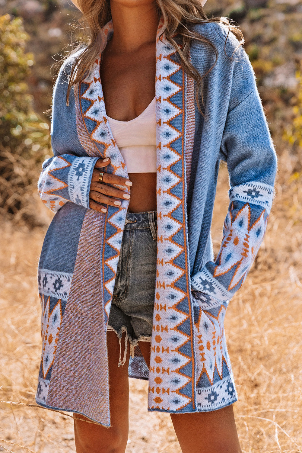 Aztec Print Open Front Knitted Cardigan BB Fashion Outlet