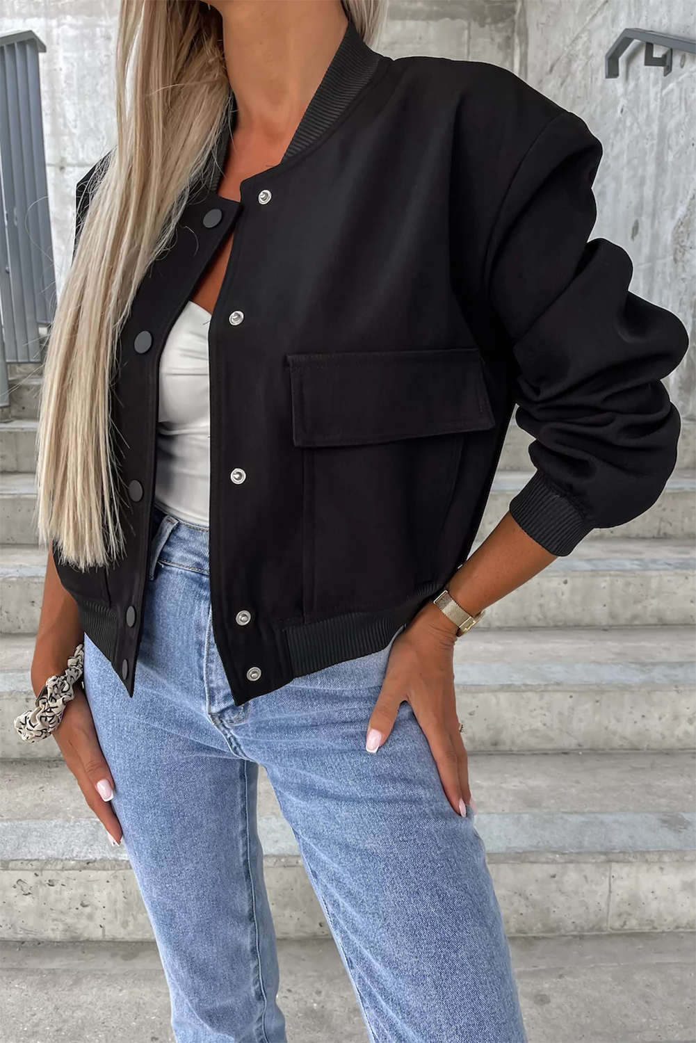 Black Big Pockets Baseball Collar Jacket Beagle Boutique Fashion Outlet
