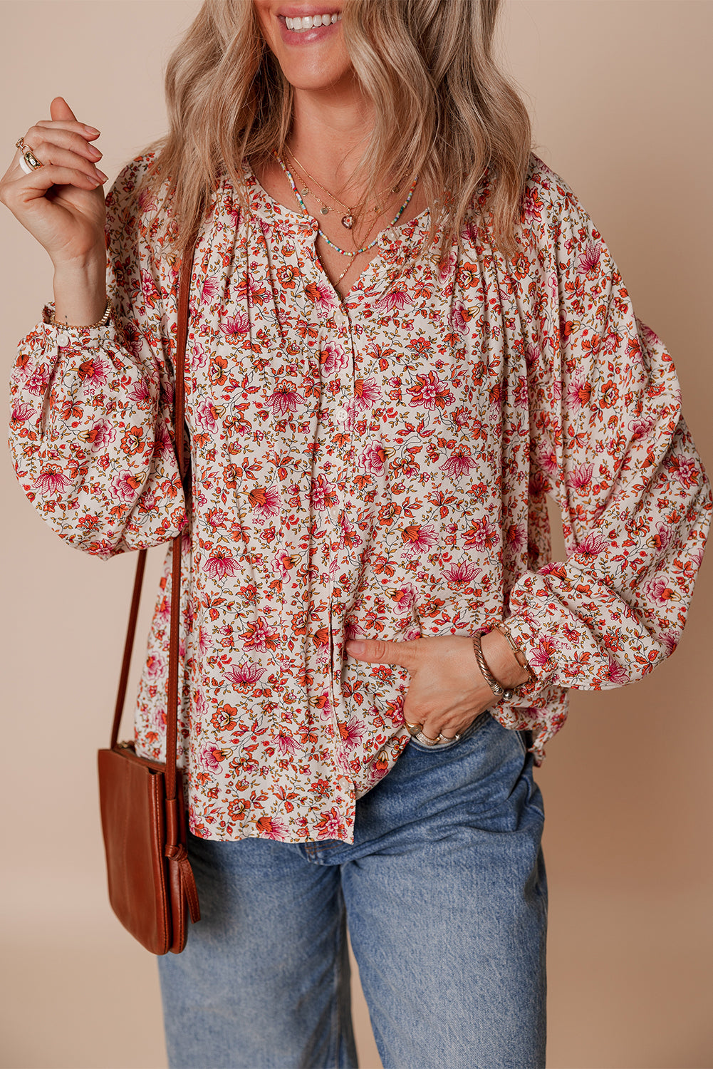 Red Floral Print Pleated Detail Notched Neck Puff Sleeve Blouse - eAura